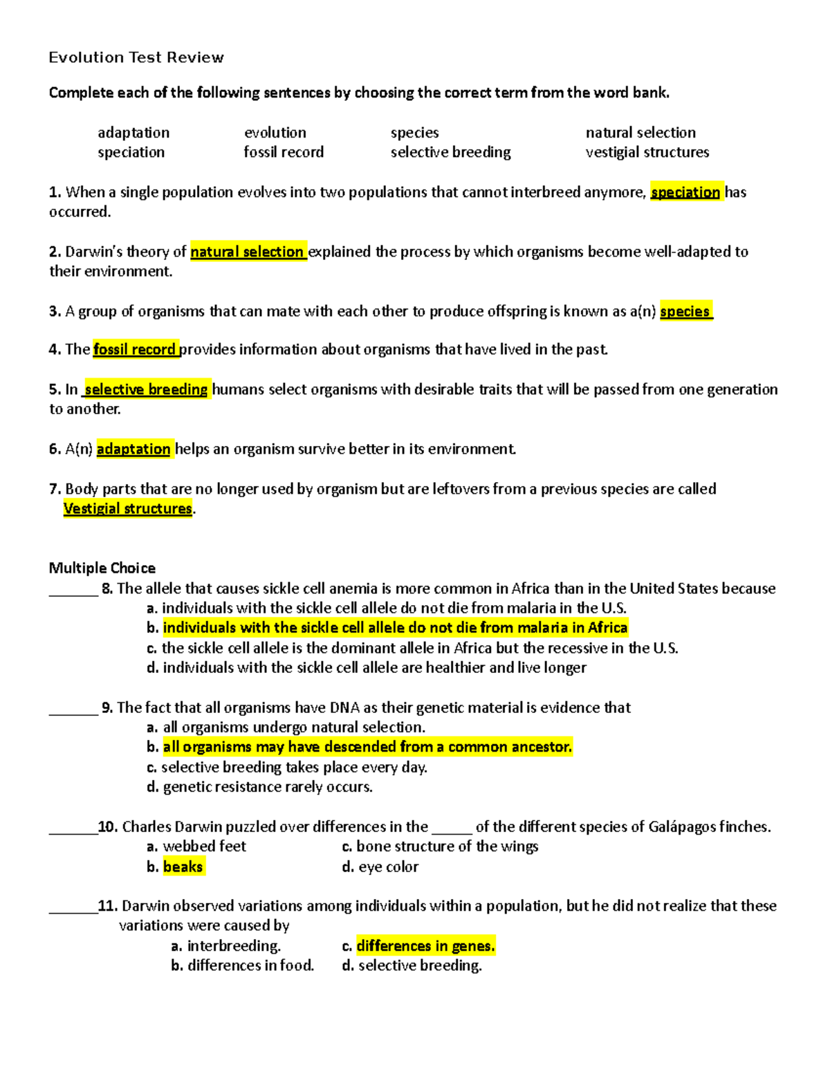 Evolution Test Review Answers Evolution Test Review Complete each of