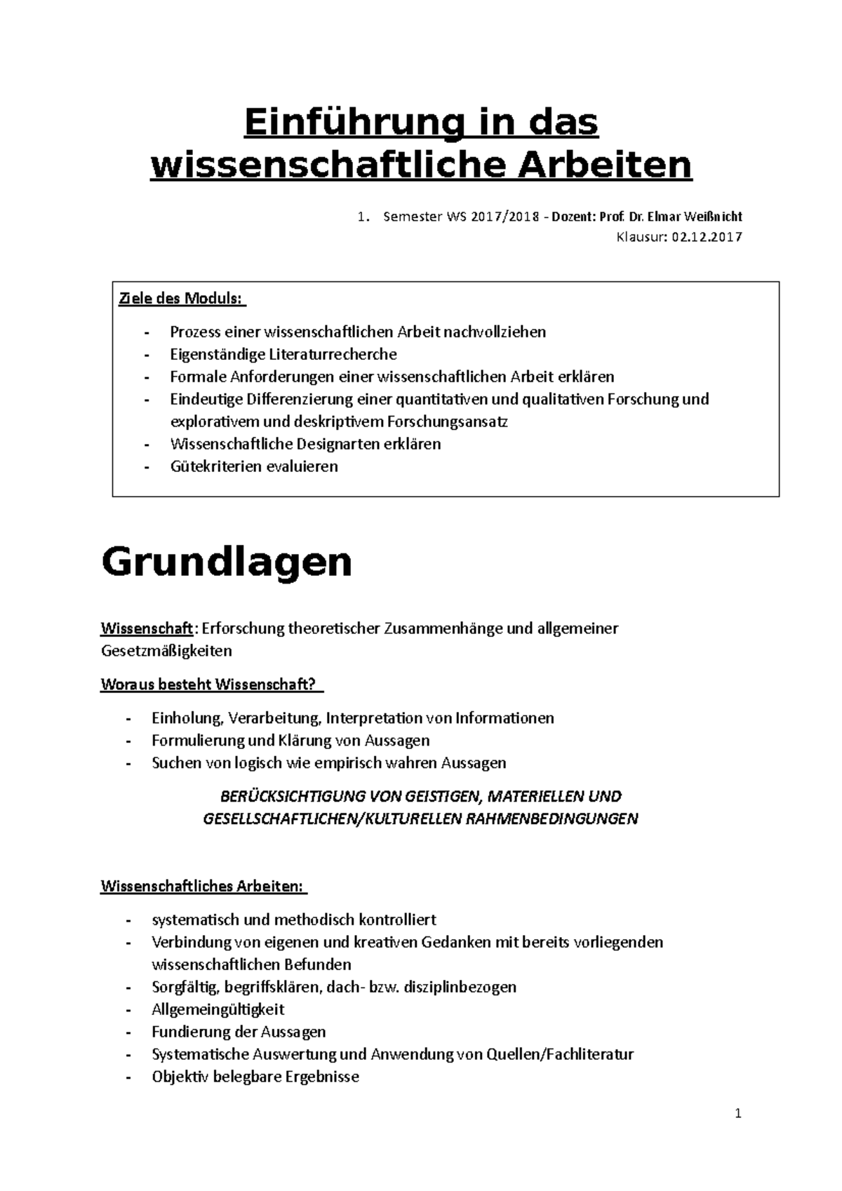 Zusammenfassung Wissenschaftliches Arbeiten - Einführung In Das ...