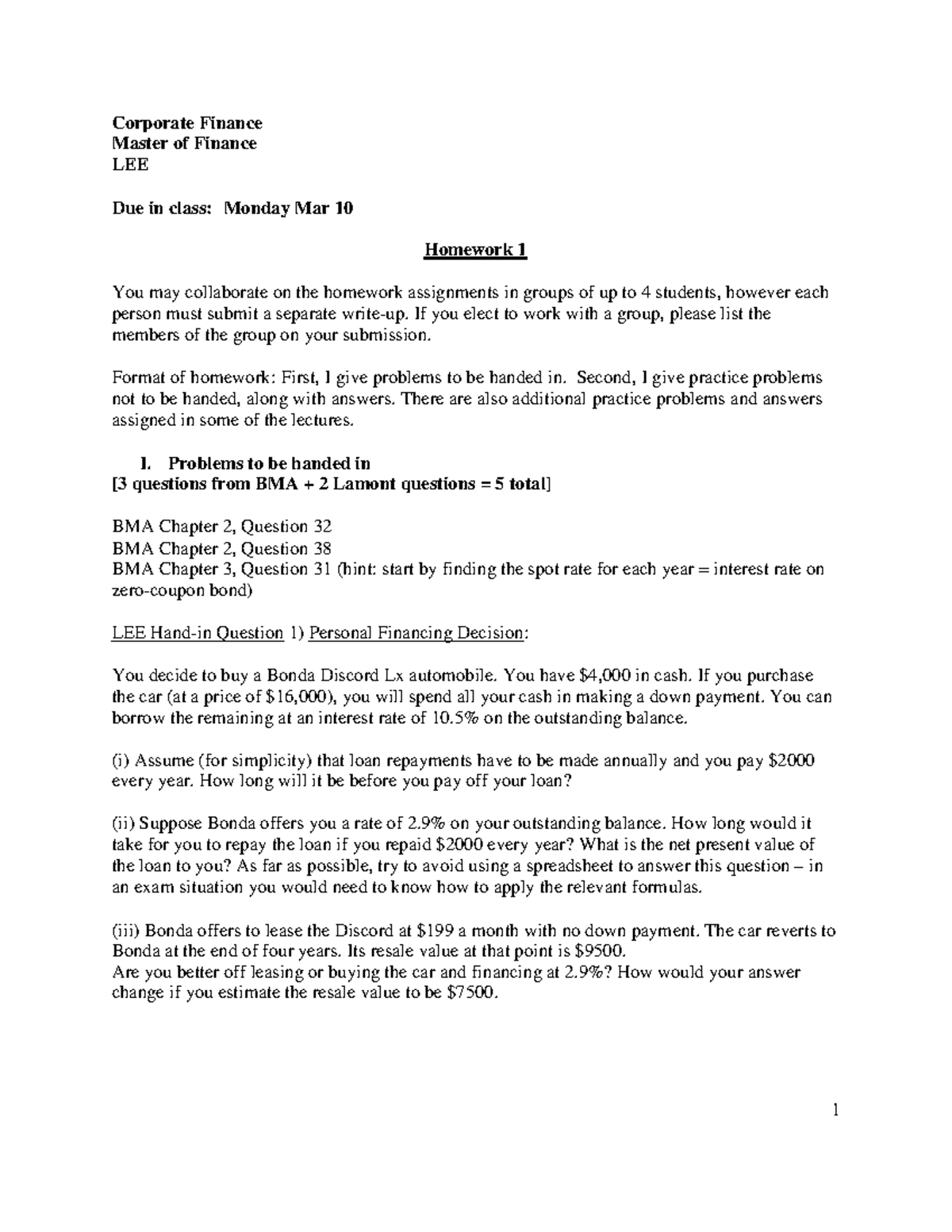 Homework 1 questions - 1 Corporate Finance Master of Finance LEE Due in ...