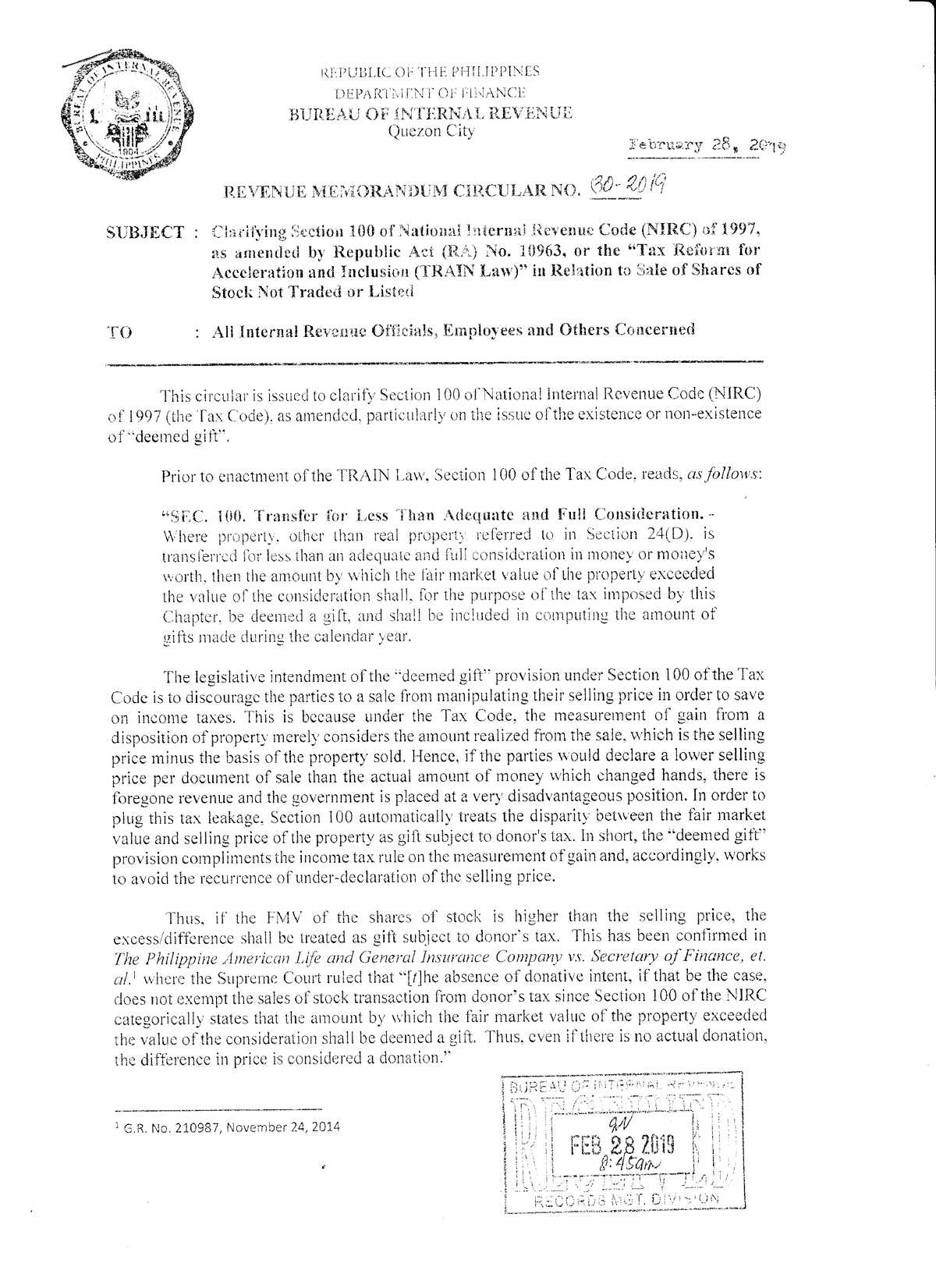 Revenue Memorandum Circular No 30, Series Of 2019 - Juris Doctor - Studocu