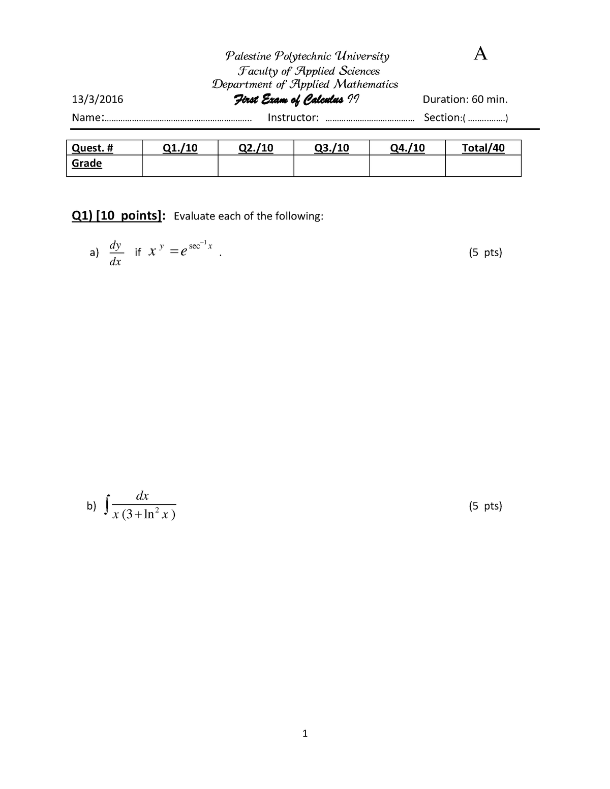 Cal2-exam 1-A-Spring 2015-2016 - A 13 /3/201 6 First Exam Of Calculus ...