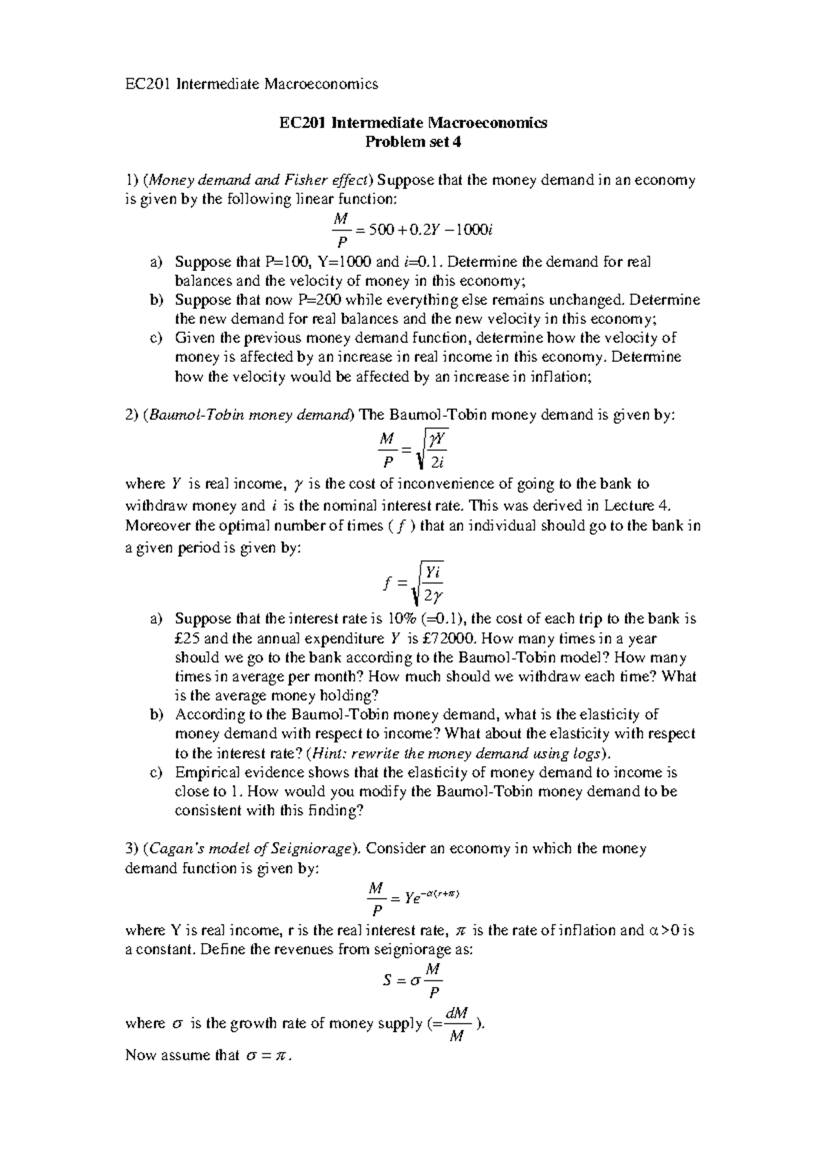 EC201 lecture notes Class 4 - EC201 Intermediate Macroeconomics EC201 ...