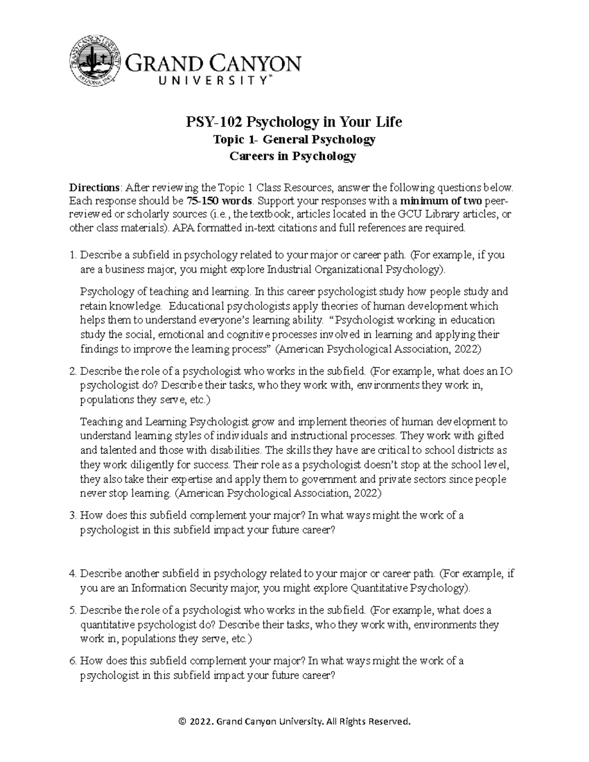Careers in Psychology Unit 1 PSY102 Psychology in Your Life Topic 1
