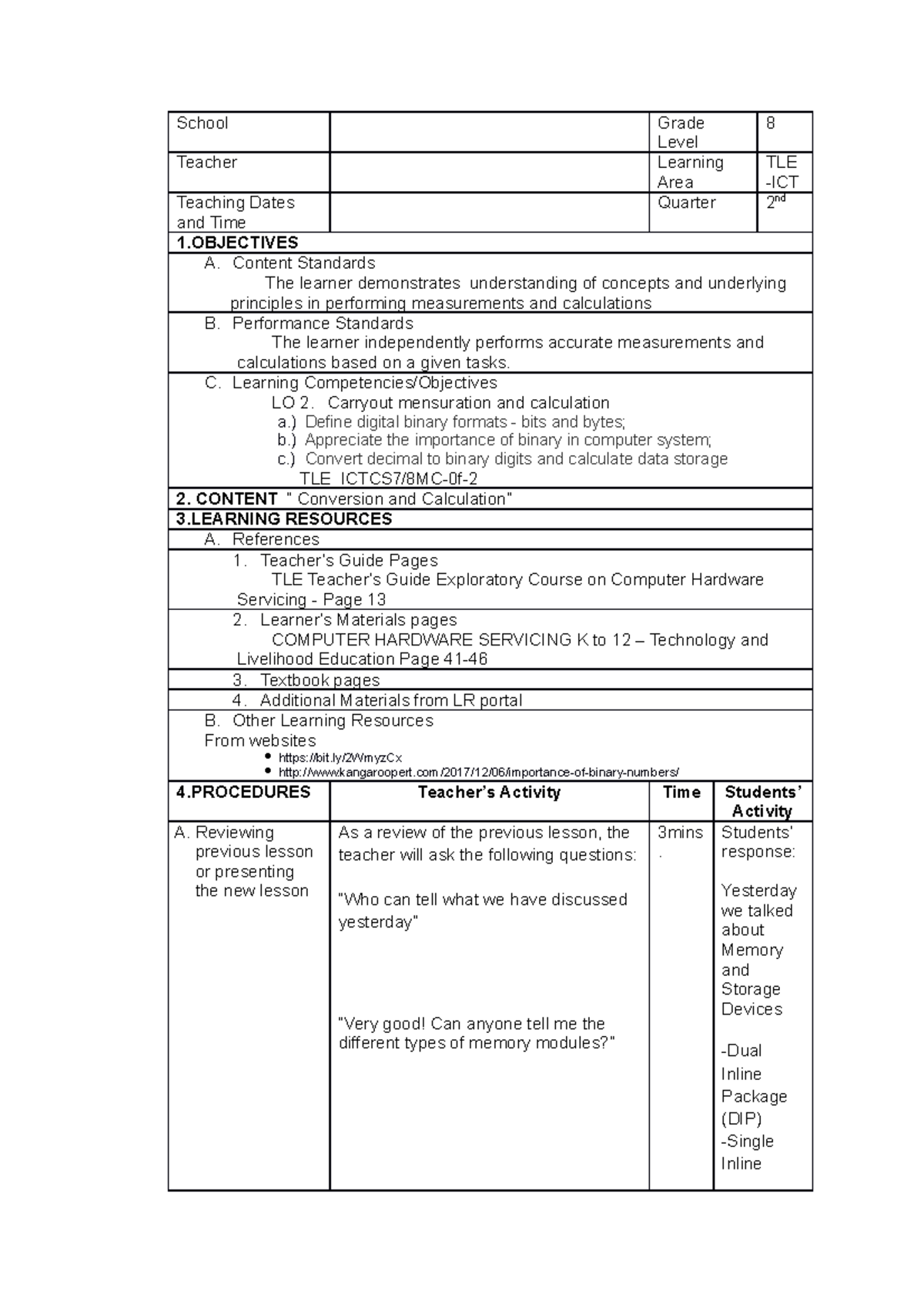 Lesson 5 DLP Grade 8 TLE-ICT ( Carry OUT Mensuration AND Calculation ...