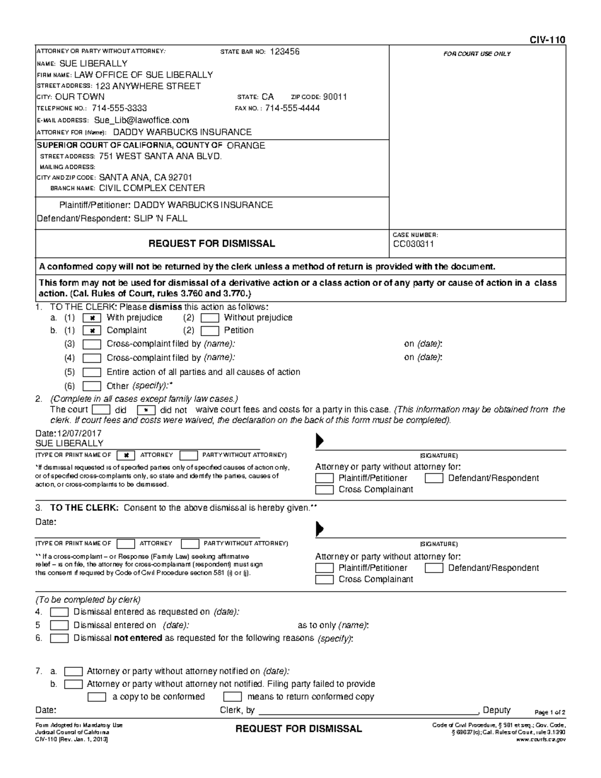 Request For Dismissal Example TO THE CLERK Consent To The Above 