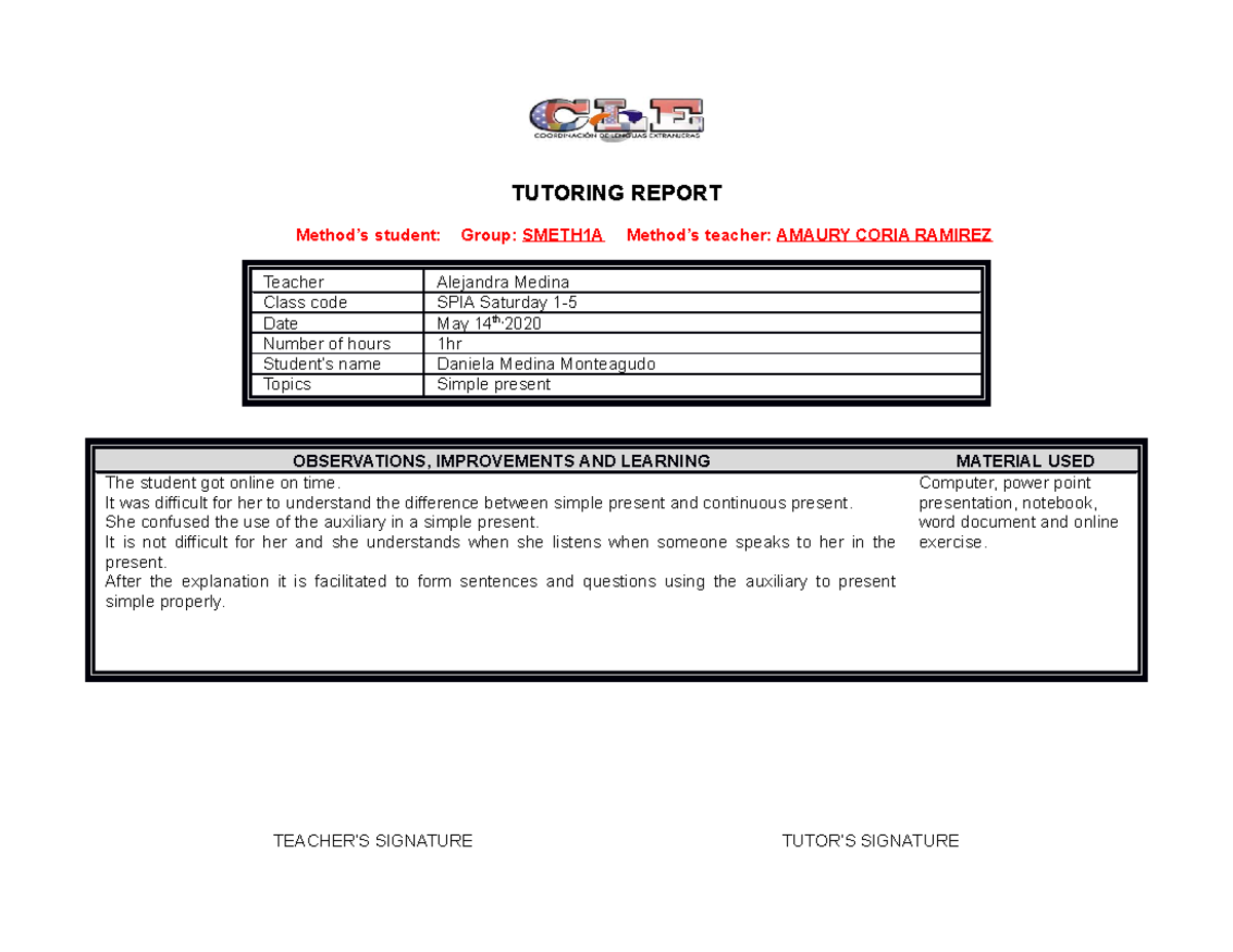 Report sheet May 14th, 2020 TUTORING REPORT Method’s student Group
