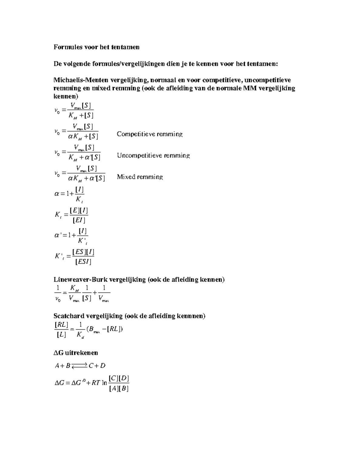 Biochemie 2 Formules Voor Het Tentamen Studeersnel