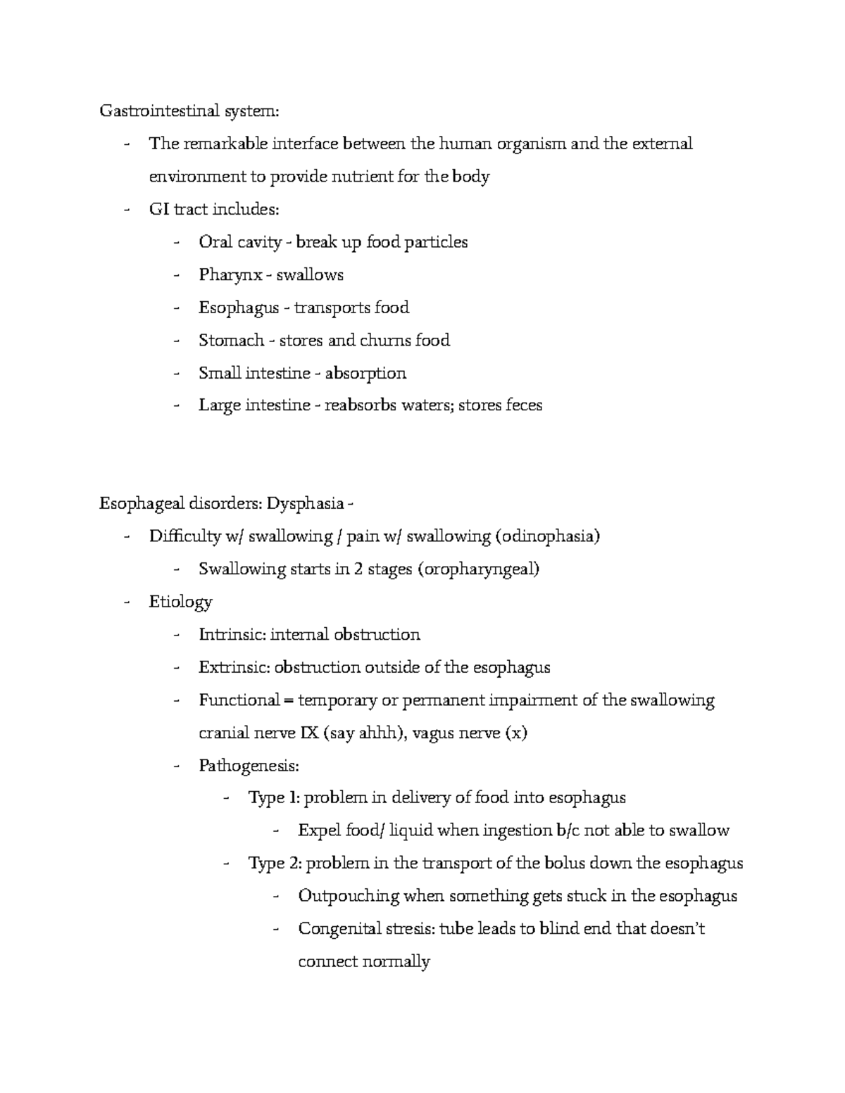 Lower GI Disorders - Lecture notes 5-7 - Gastrointestinal system: - The ...