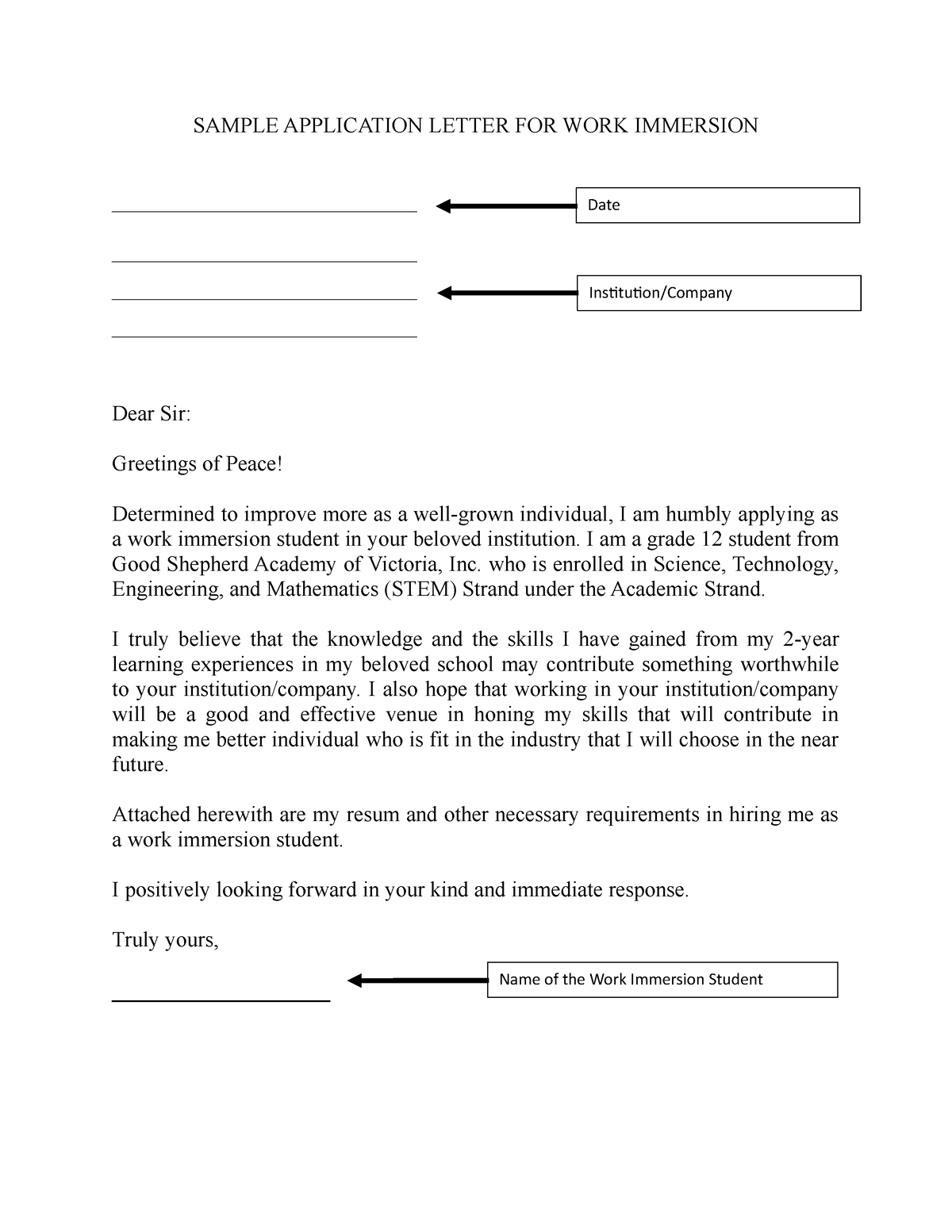 application letter for work immersion stem student