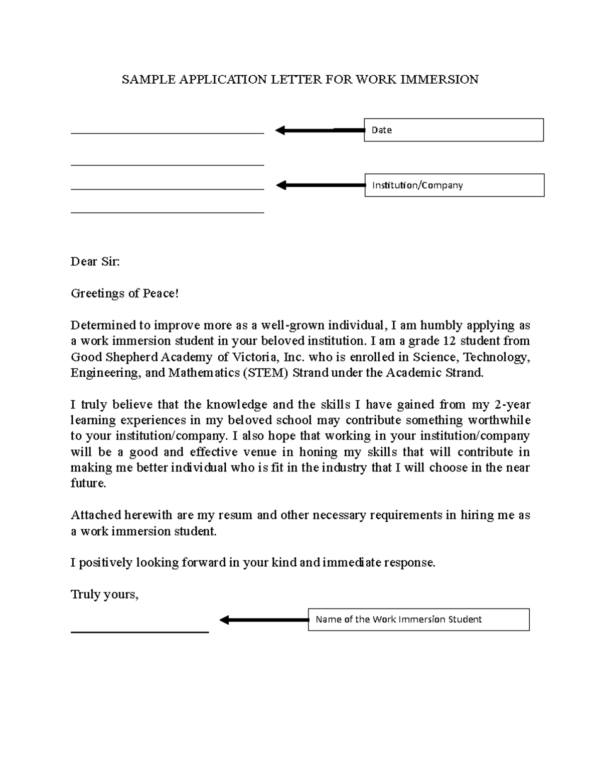 example of application letter for work immersion cookery student