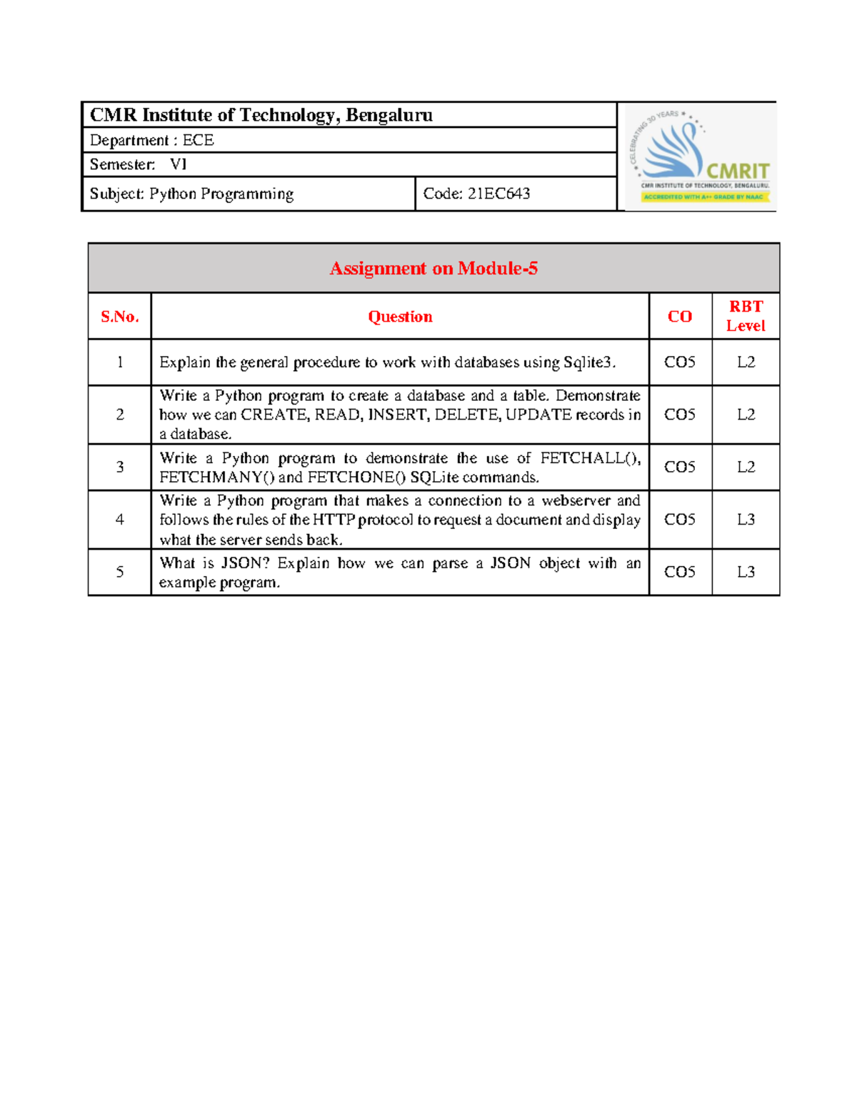 Python Programming Assignment - CMR Institute of Technology, Bengaluru ... image.