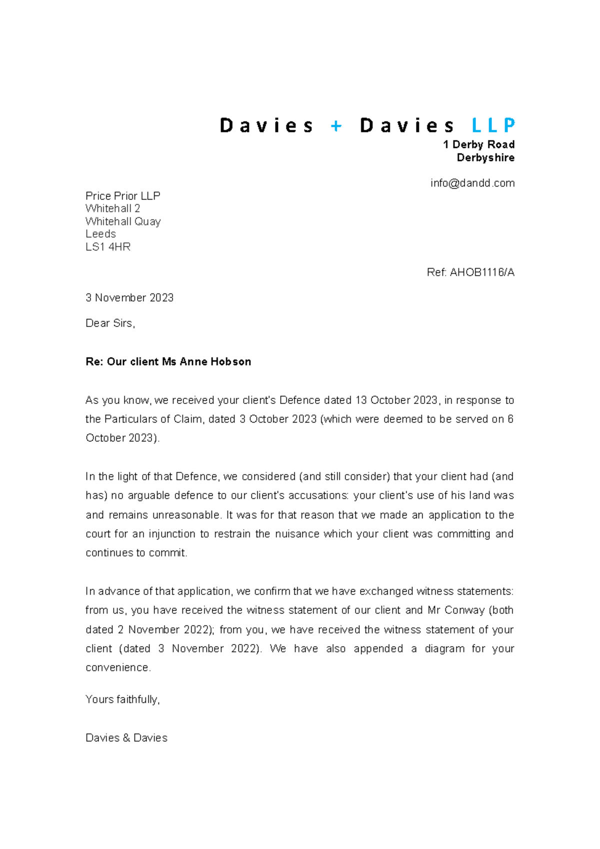 WS10 Hobson v Hall Papers D a v i e s + D a v i e s L L P 1 Derby