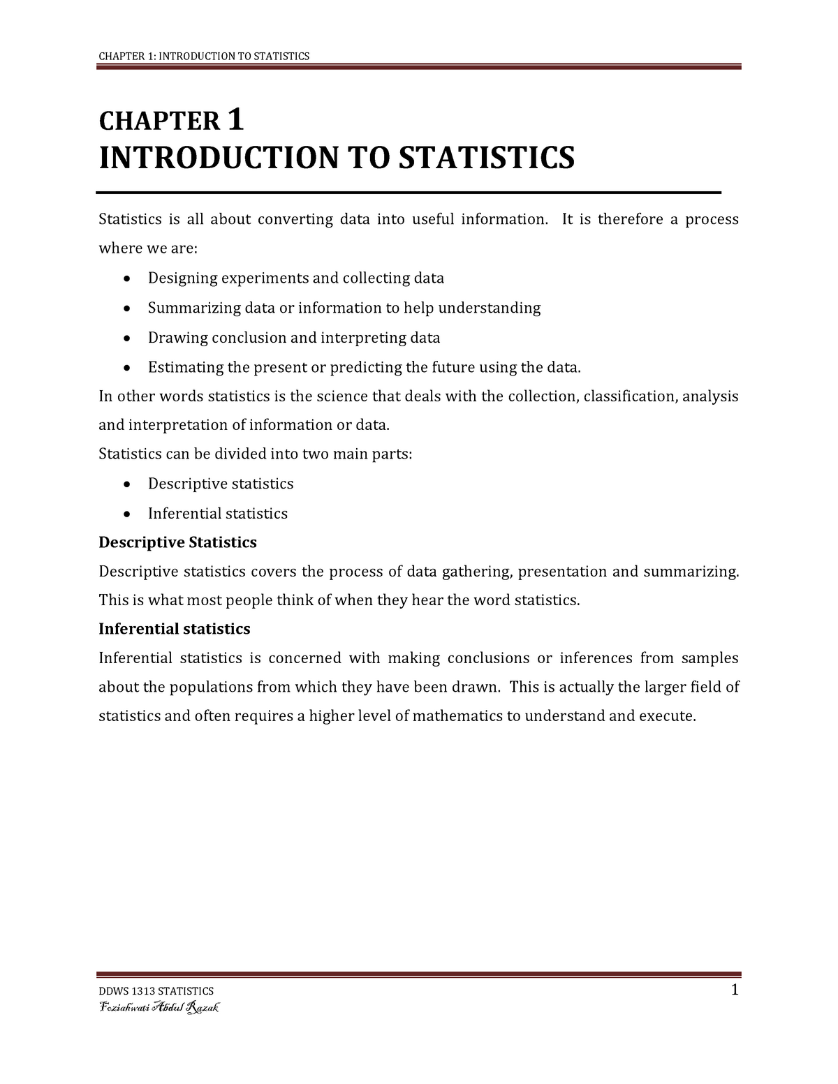 Chapter 1 Introduction To Statistics June 2020 - DDWS 1313 STATISTICS 1 ...