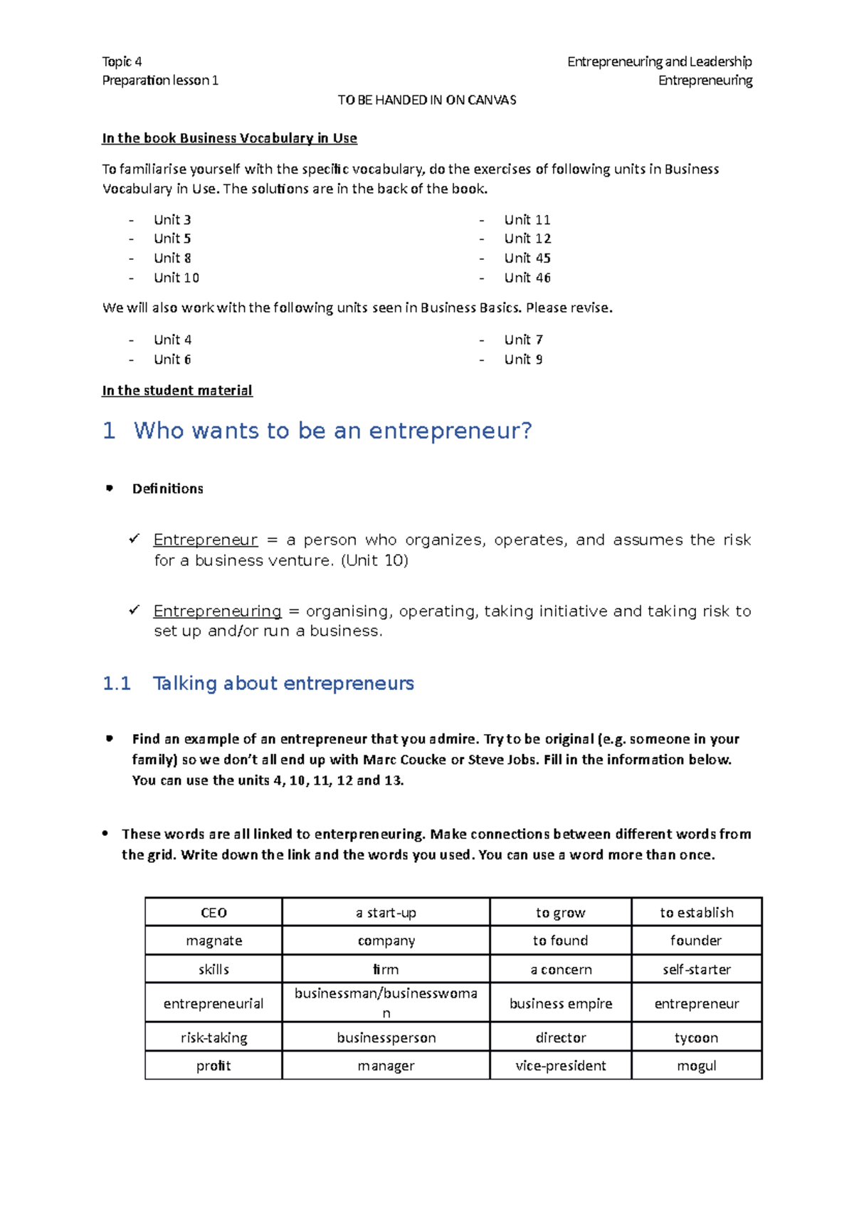 EL1 preparation - Topic 4 Entrepreneuring and Leadership Preparaion ...