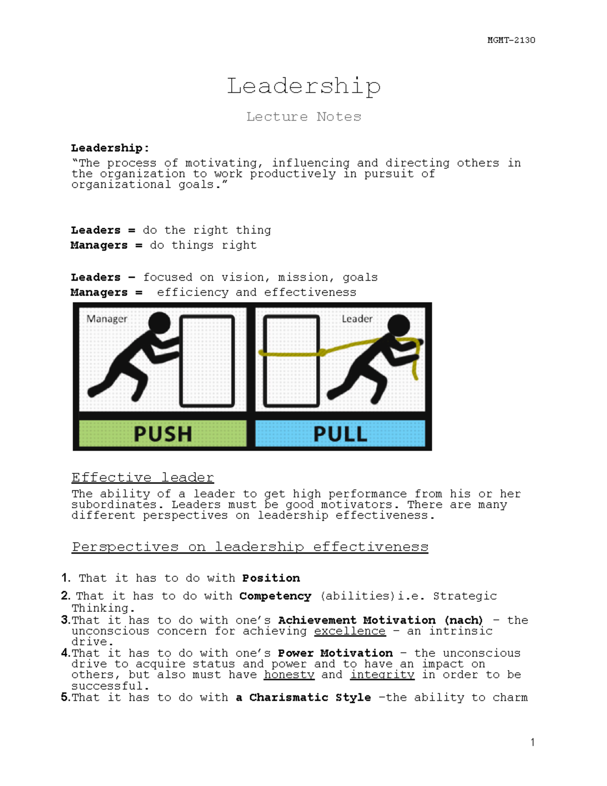 Leadership - Leadership Lecture Notes Leadership: “The process of ...