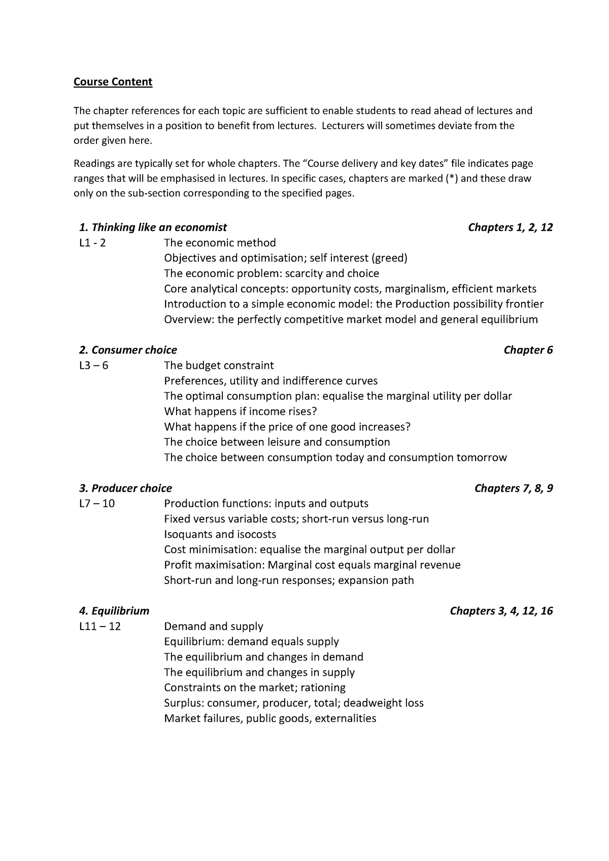 ECON130 Course Content 2022 - Course Content The Chapter References For ...