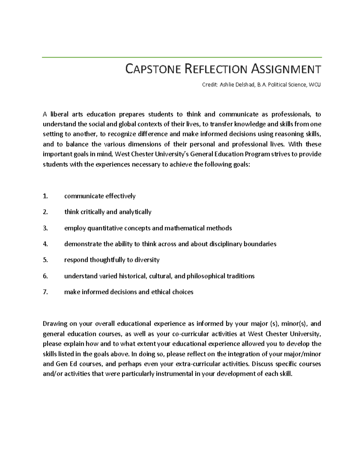 Capstone Assignment Examples CAPSTONE REFLECTION ASSIGNMENT Credit