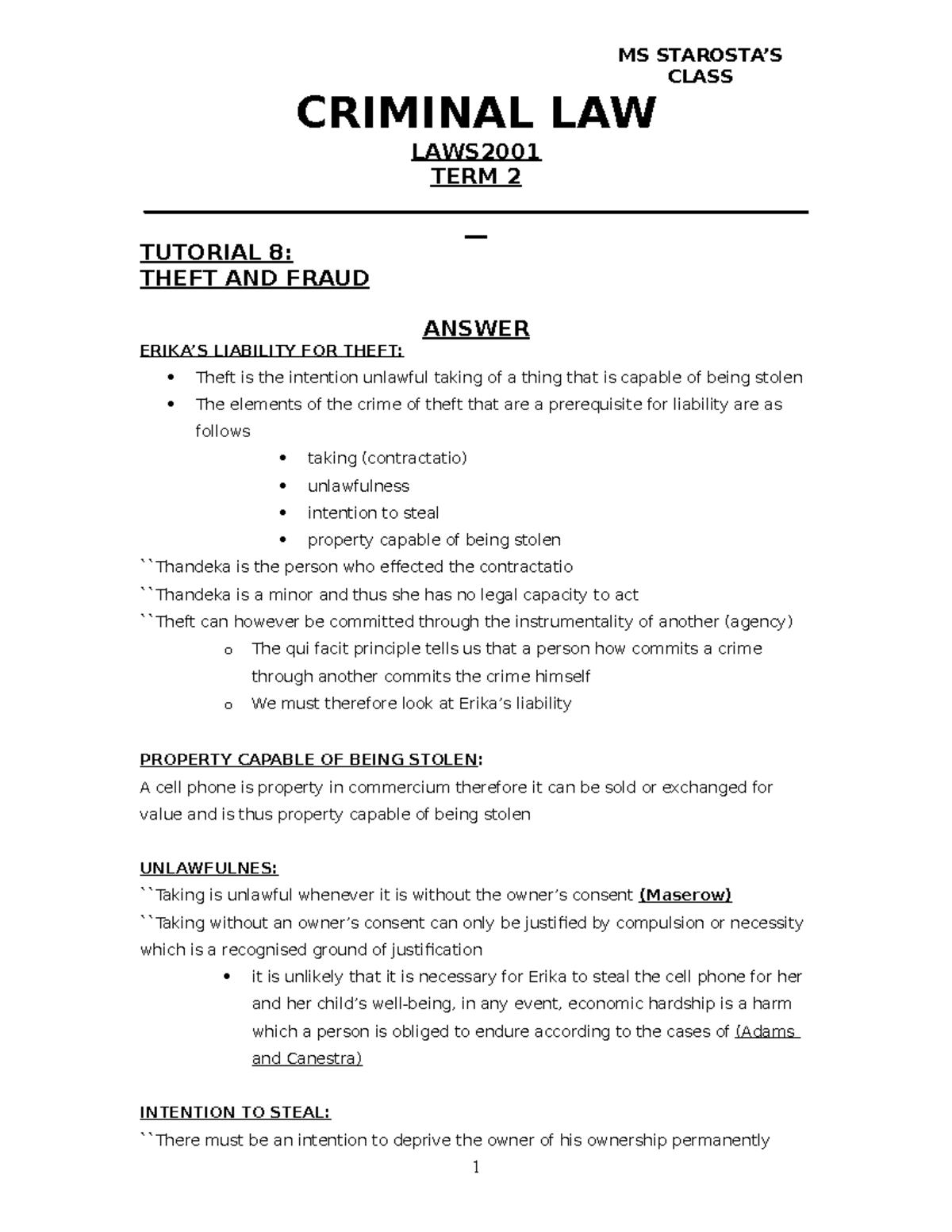 124172 - Theft and Fraud Tutorial 8 - MS STAROSTA’S CLASS CRIMINAL LAW ...