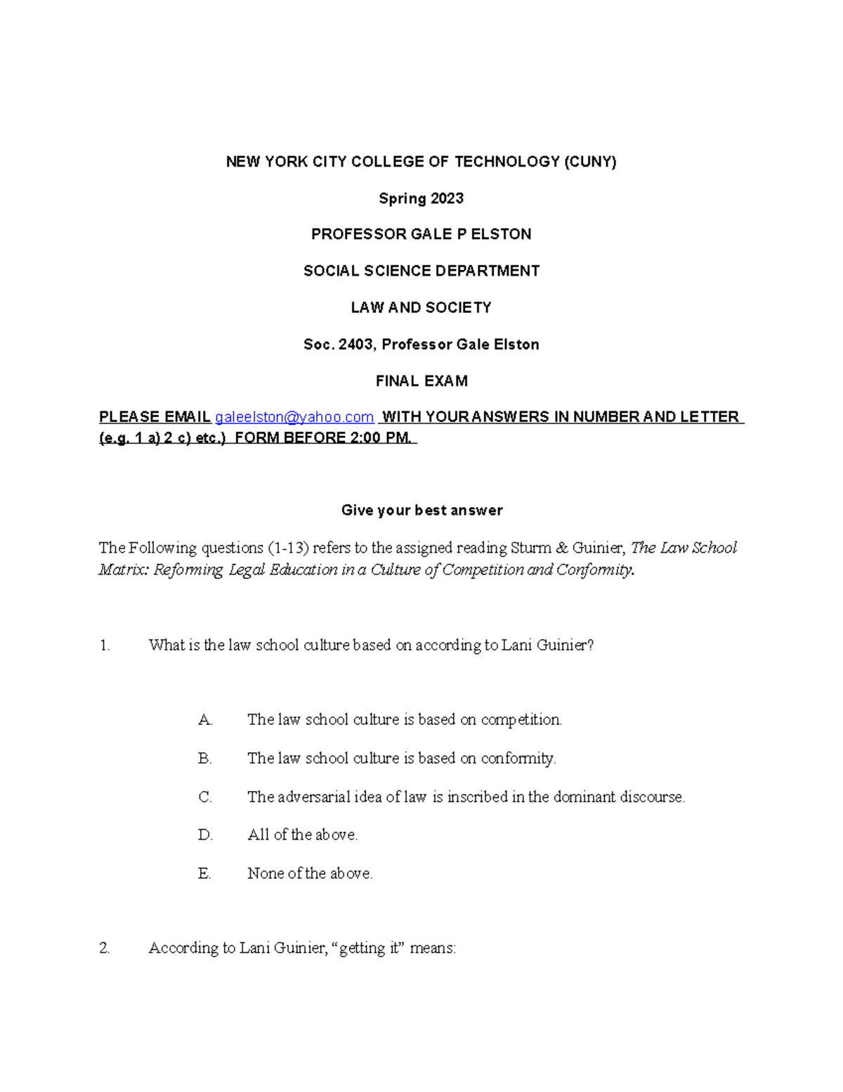 Final Exam spring 2023 OL48thursday - NEW YORK CITY COLLEGE OF ...