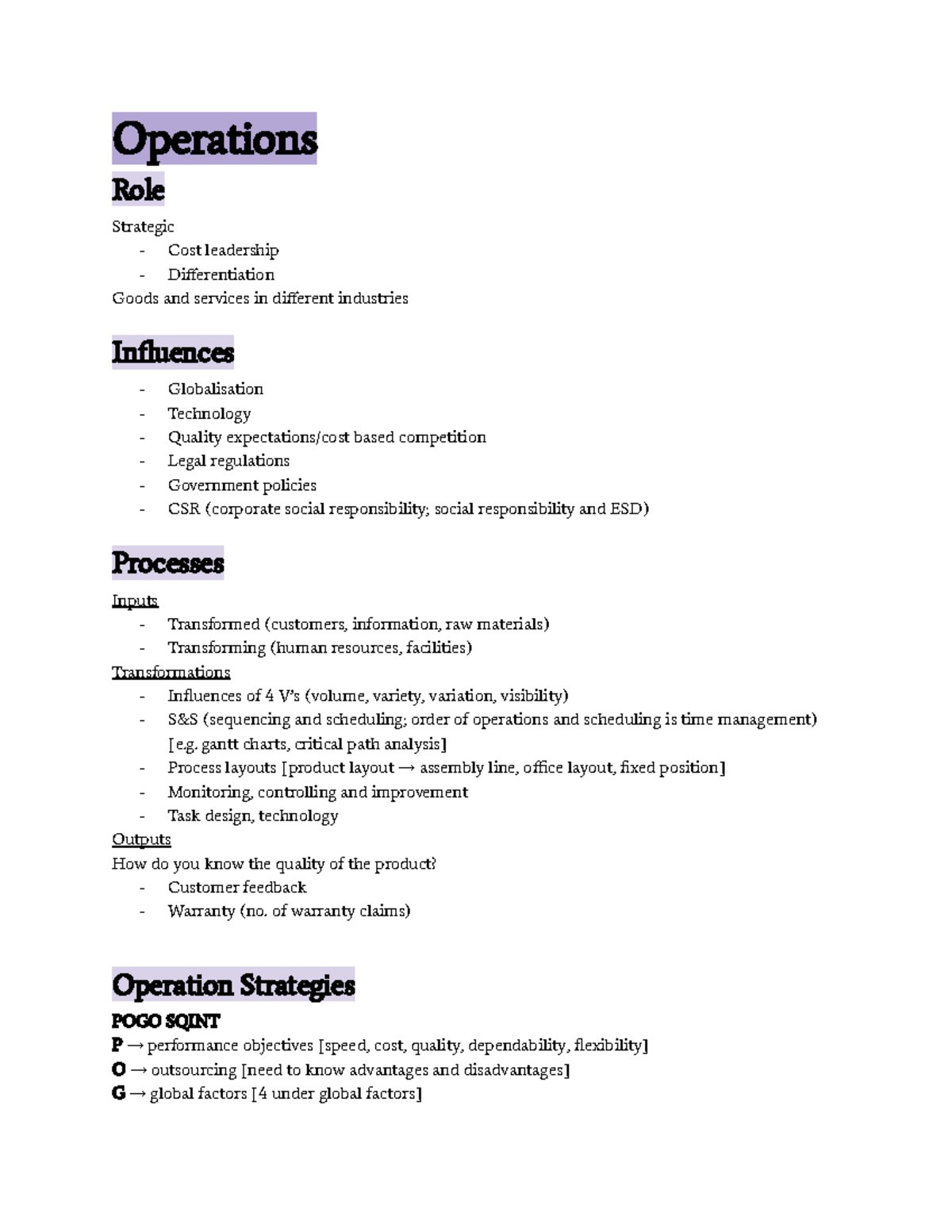 Operations - Operations Role Strategic - Cost leadership ...