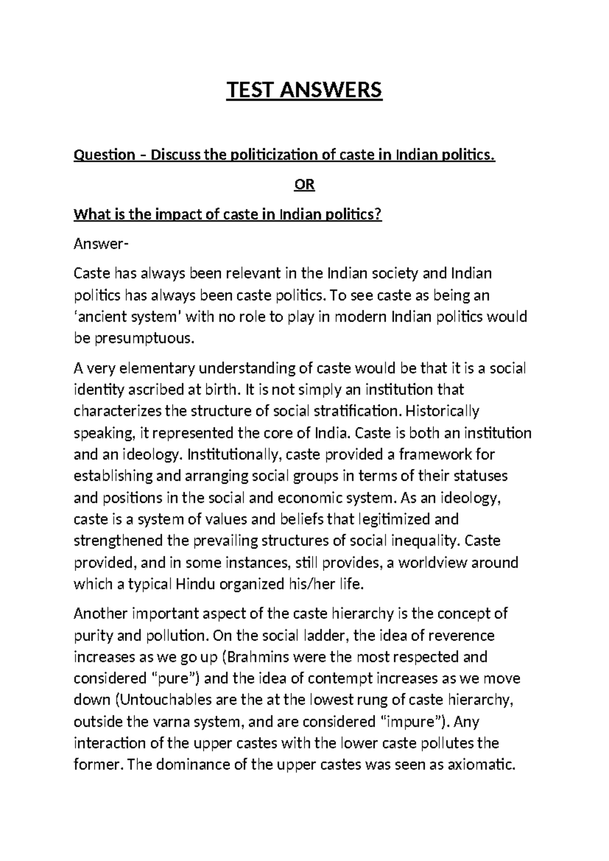 Caste and Indian Politics - TEST ANSWERS Question – Discuss the ...
