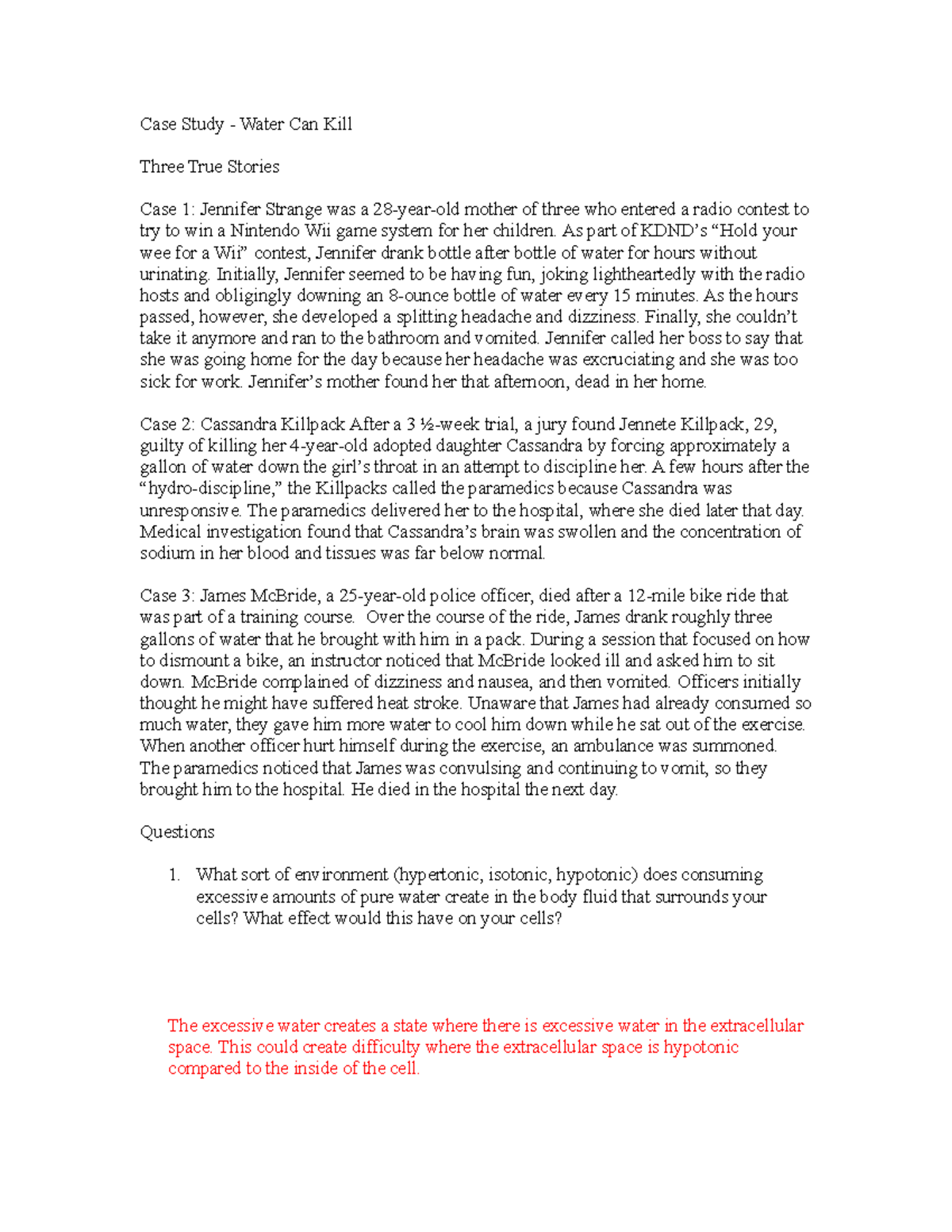 Key Water Can Kill Lab report Case Study Water Can Kill Three