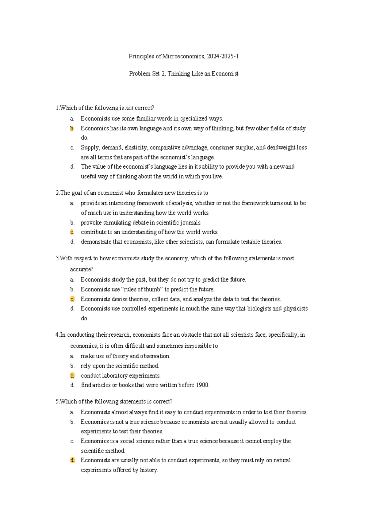 Problem Set 2 Thinking Like an Economist - Principles of Microeconomics ...