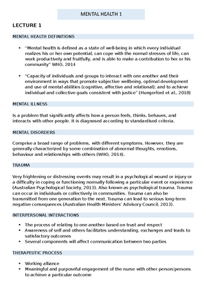 Mental health 1 1 - 8 - Lecture notes week 1-8 - Concepts of engagement ...