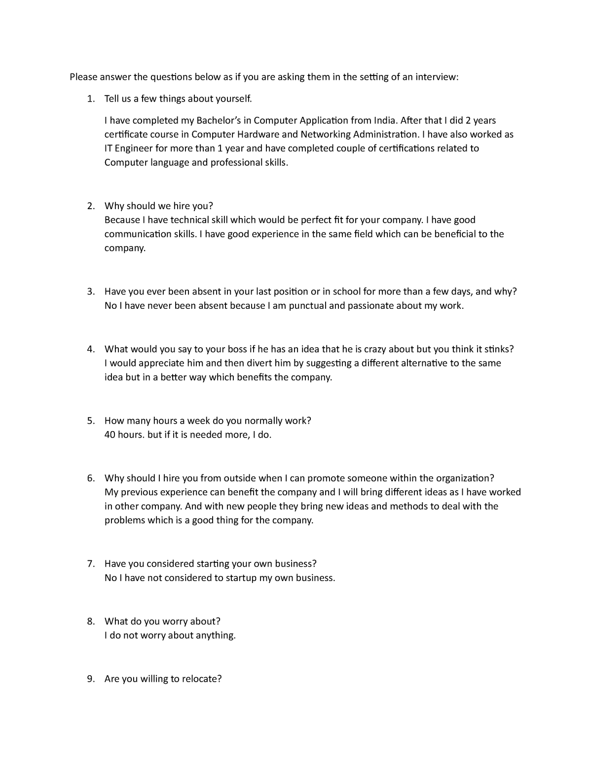 Assignment 5 Interview Questions Assignment - Please answer the ...