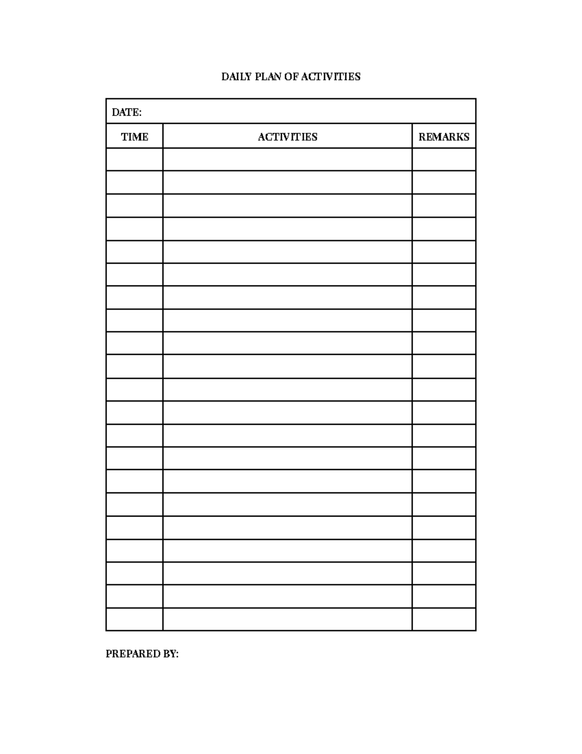 Daily Plan Of Activities