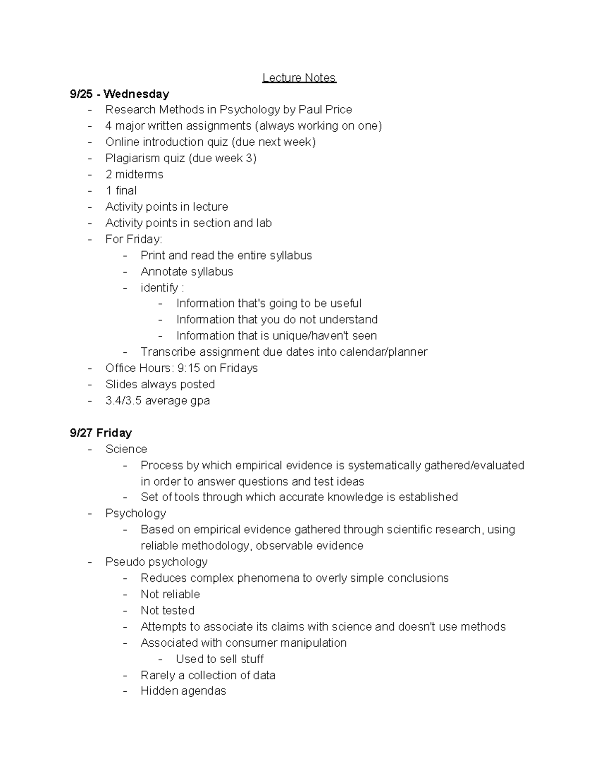 Week 1 - Notes - Lecture Notes 9/25 - Wednesday Research Methods in ...