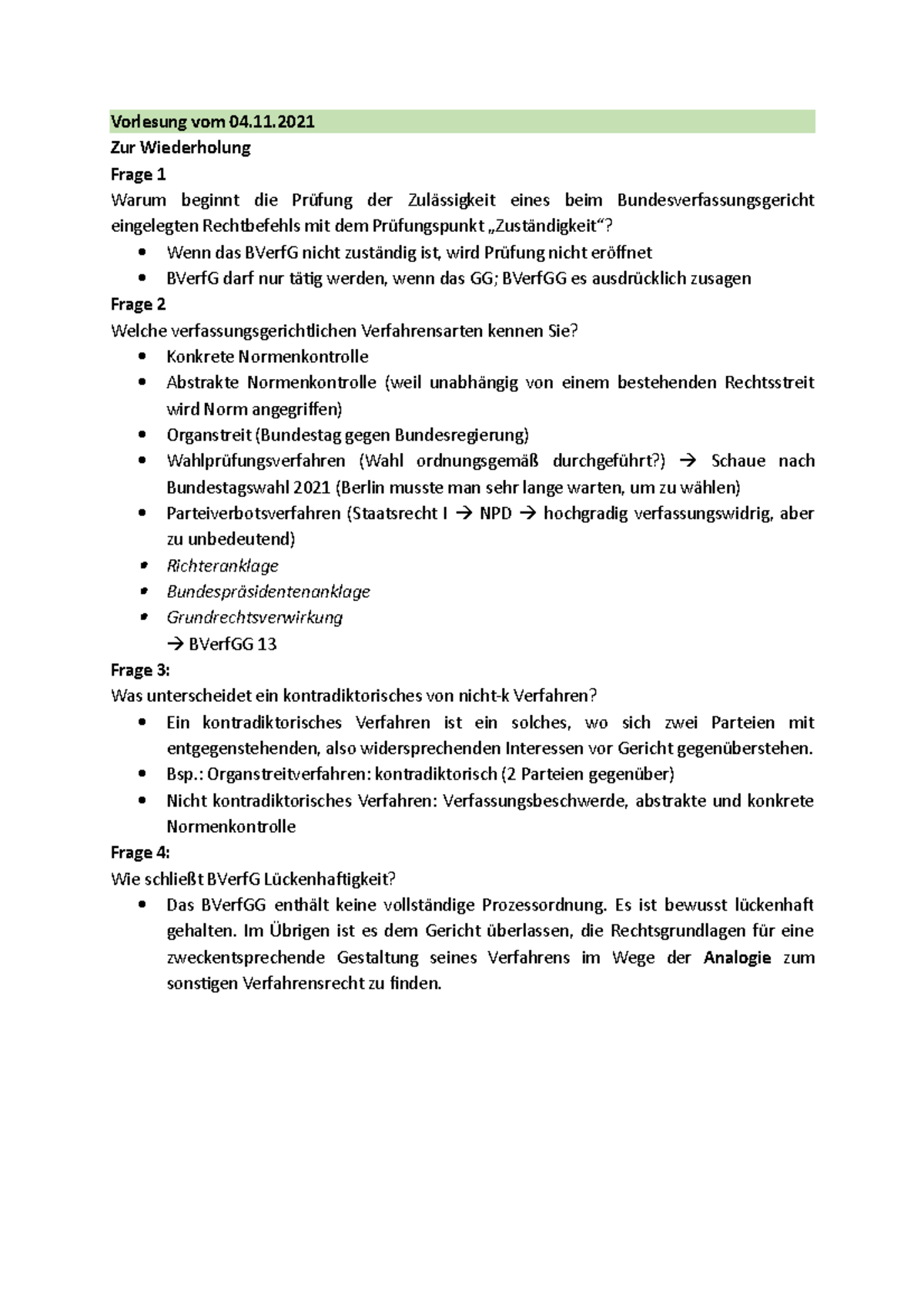 Unterschied Abstrakte Und Konkrete Normenkontrolle Vorlesung 3 Wiederholung, Abstrakte Normenkontrolle; Mitschriften