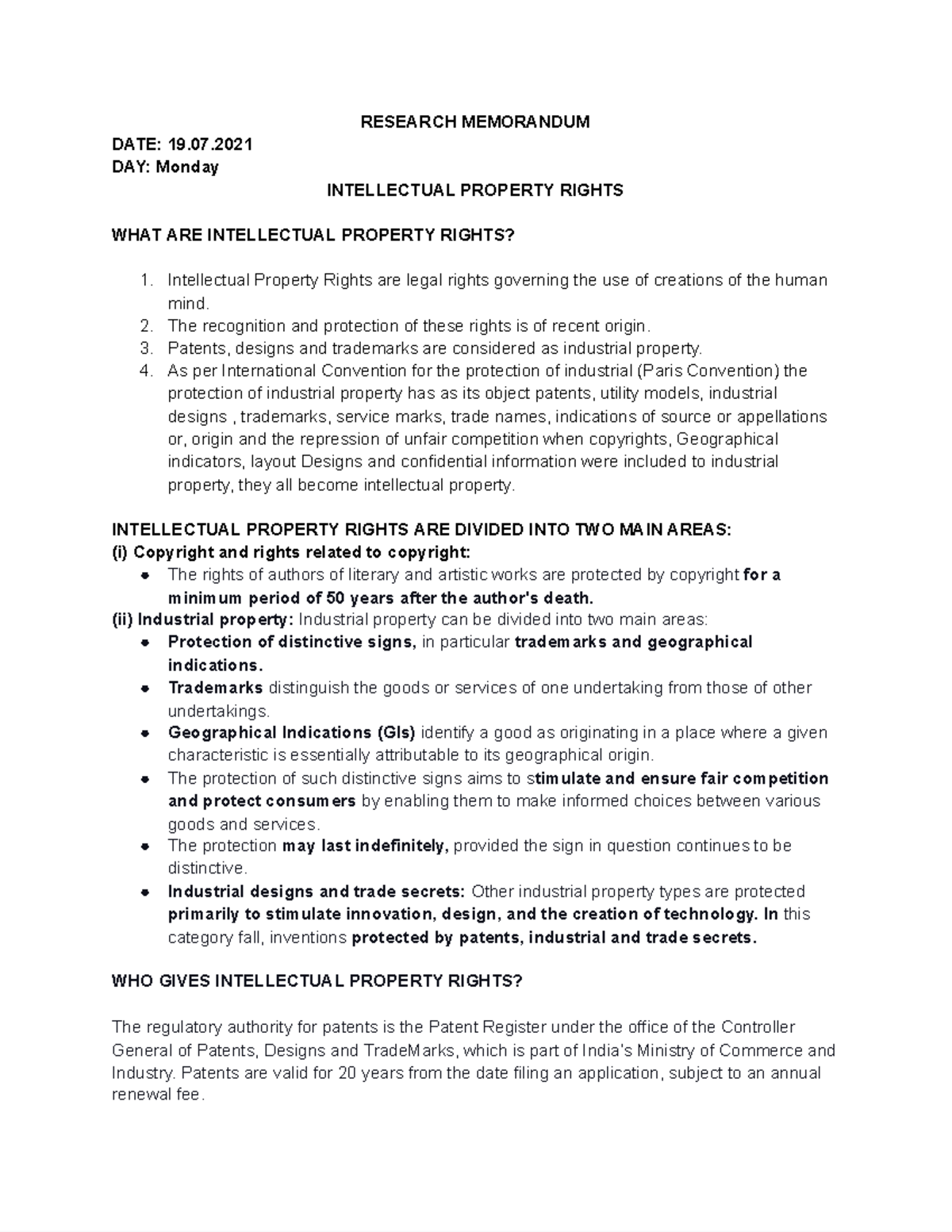 IPR Research Work - Google Docs - RESEARCH MEMORANDUM DATE: 19. DAY ...