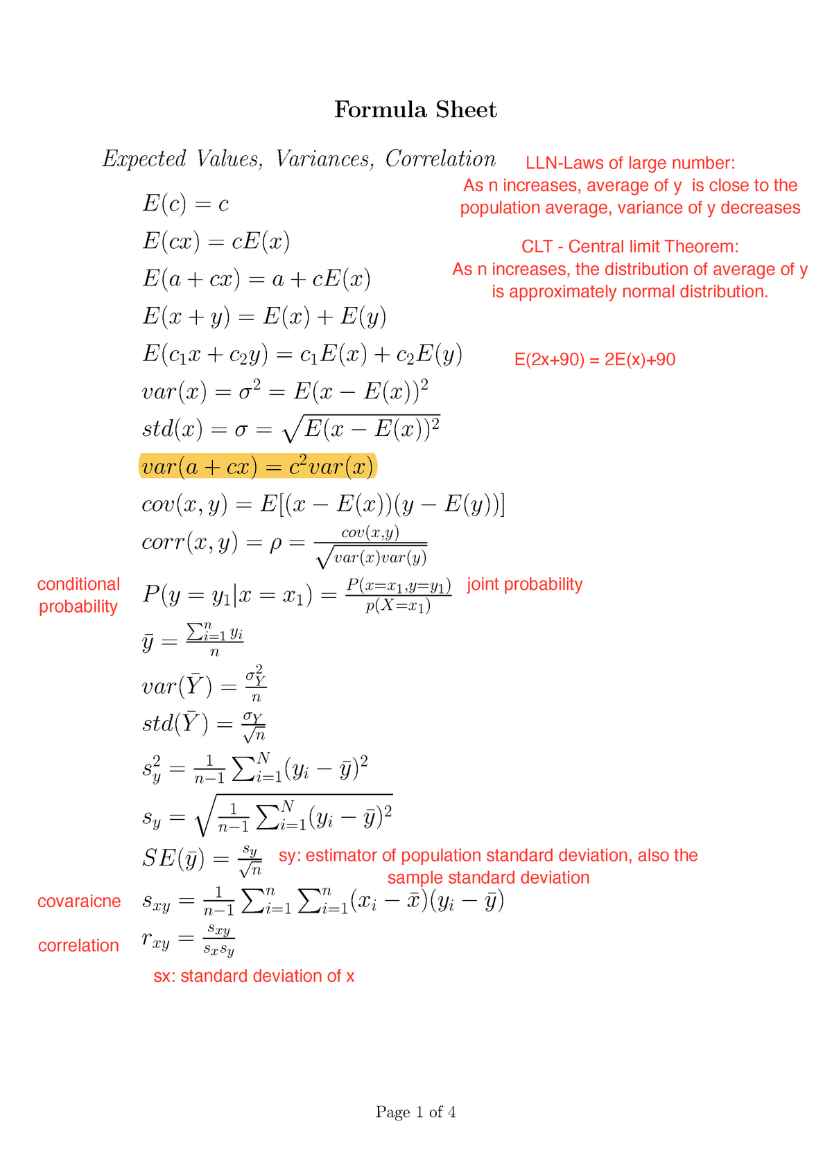 Econometrics Cheat Sheet Printable Pdf Download 8624