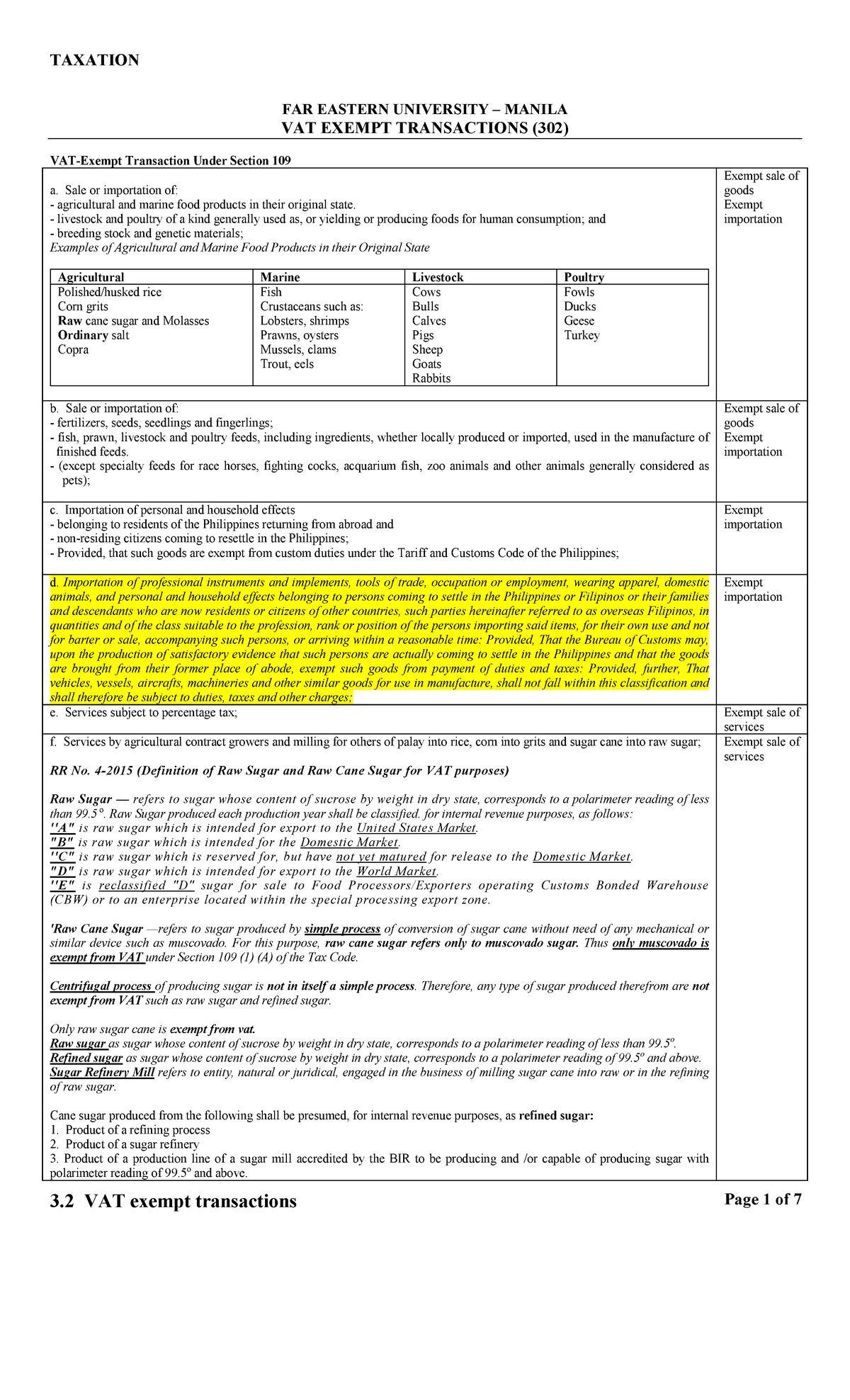 3 2 VAT Exempt Transactions TAXATION FAR EASTERN UNIVERSITY MANILA 