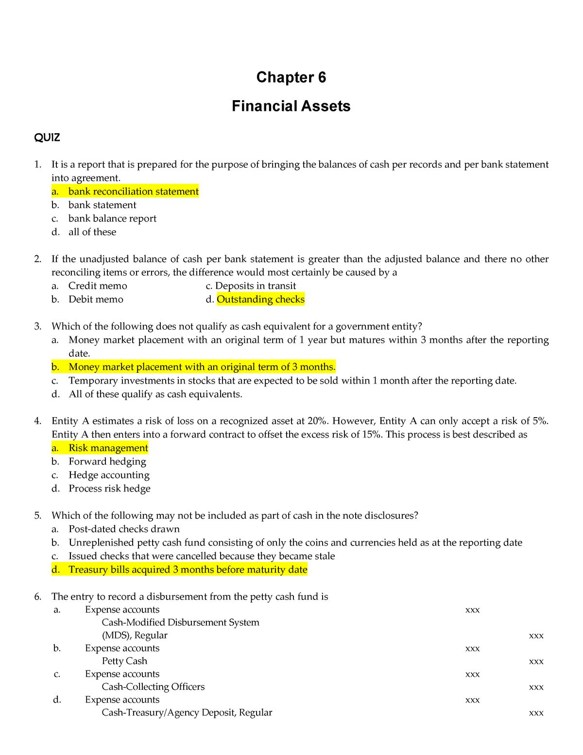 Acctg 11 Finals Q2 And Q3 Answerkey Chapter 6 Financial Assets QUIZ 