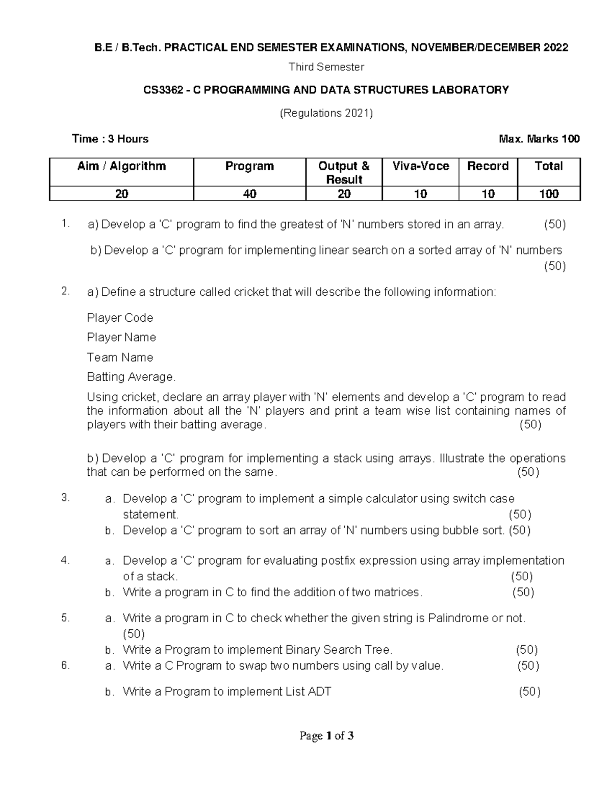 CS3362SET4 Lab questions set Page 1 of 3 B / B. PRACTICAL END