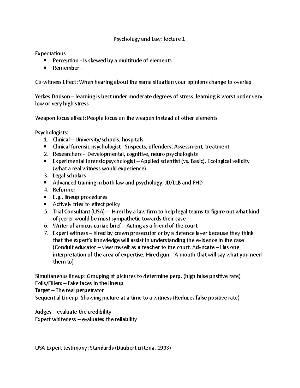 Psychology and Law - Lecture notes 1 - Psychology and Law: lecture 1 ...