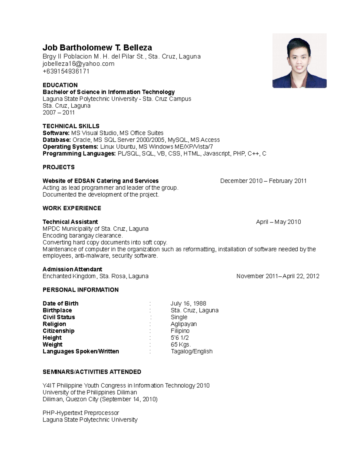 Resume - Job bartholomew - Job Bartholomew T. Belleza Brgy II Poblacion ...