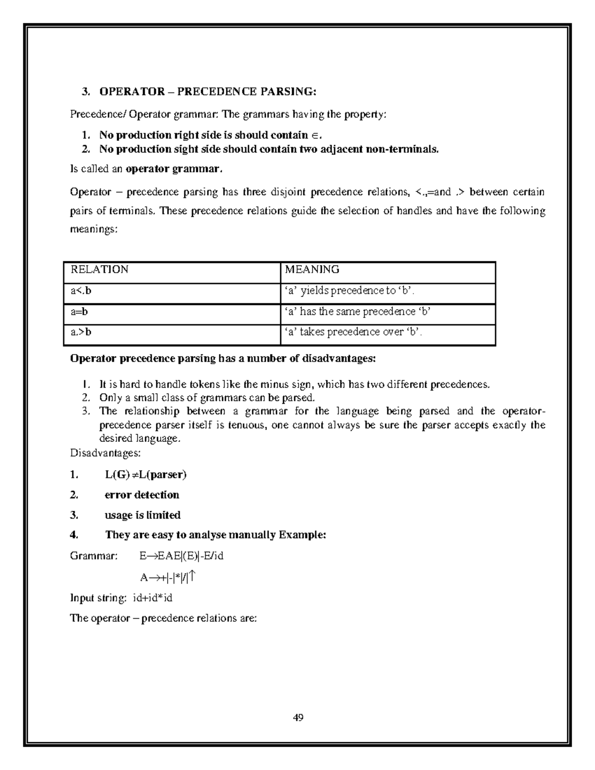 Compiler Design Notes Pdf 13 3 OPERATOR PRECEDENCE PARSING 