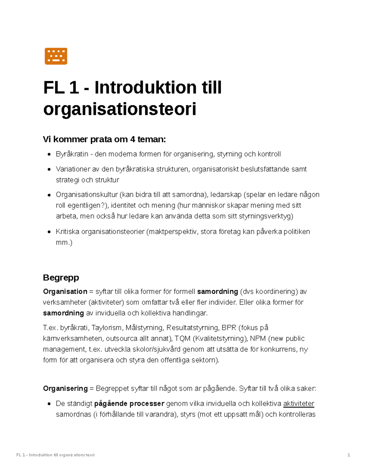 FL 1 - Introduktion Till Organisationsteori - ) Begrepp Organisation ...