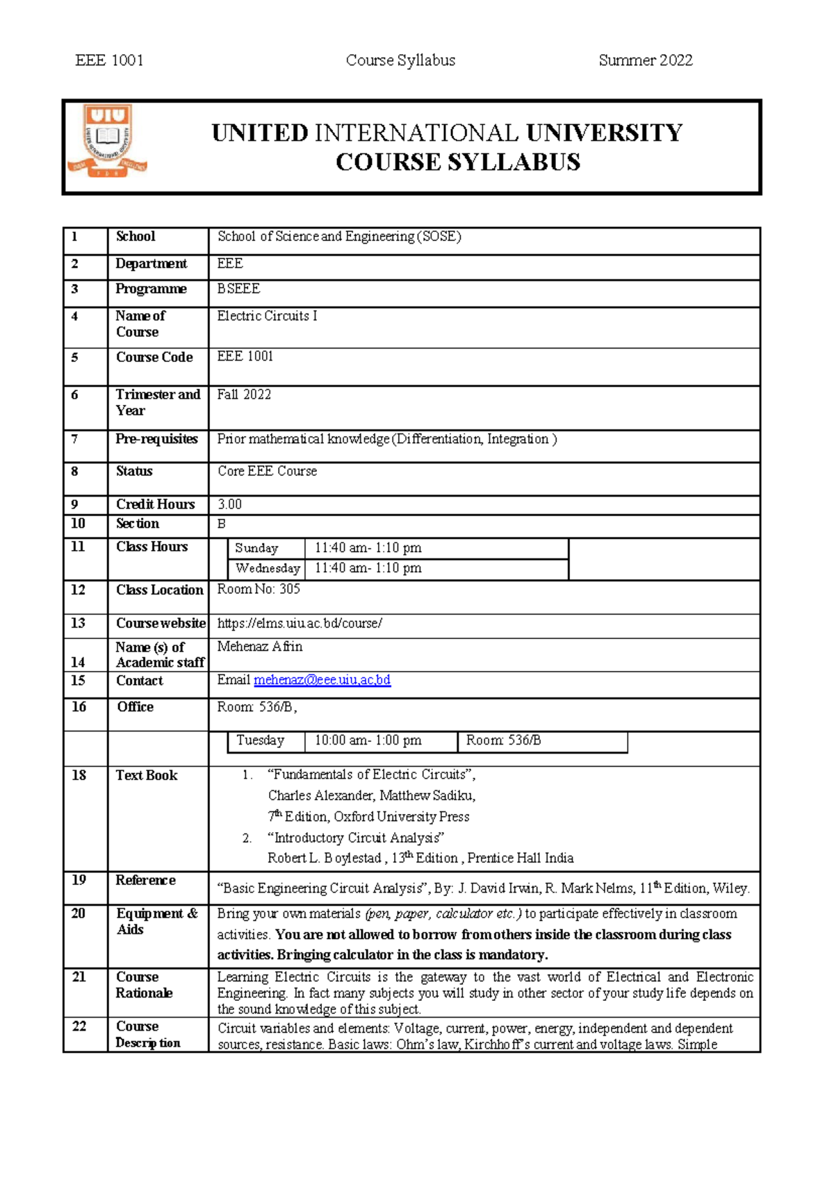 Course Syllabus EEE1001 B - UNITED INTERNATIONAL UNIVERSITY COURSE ...