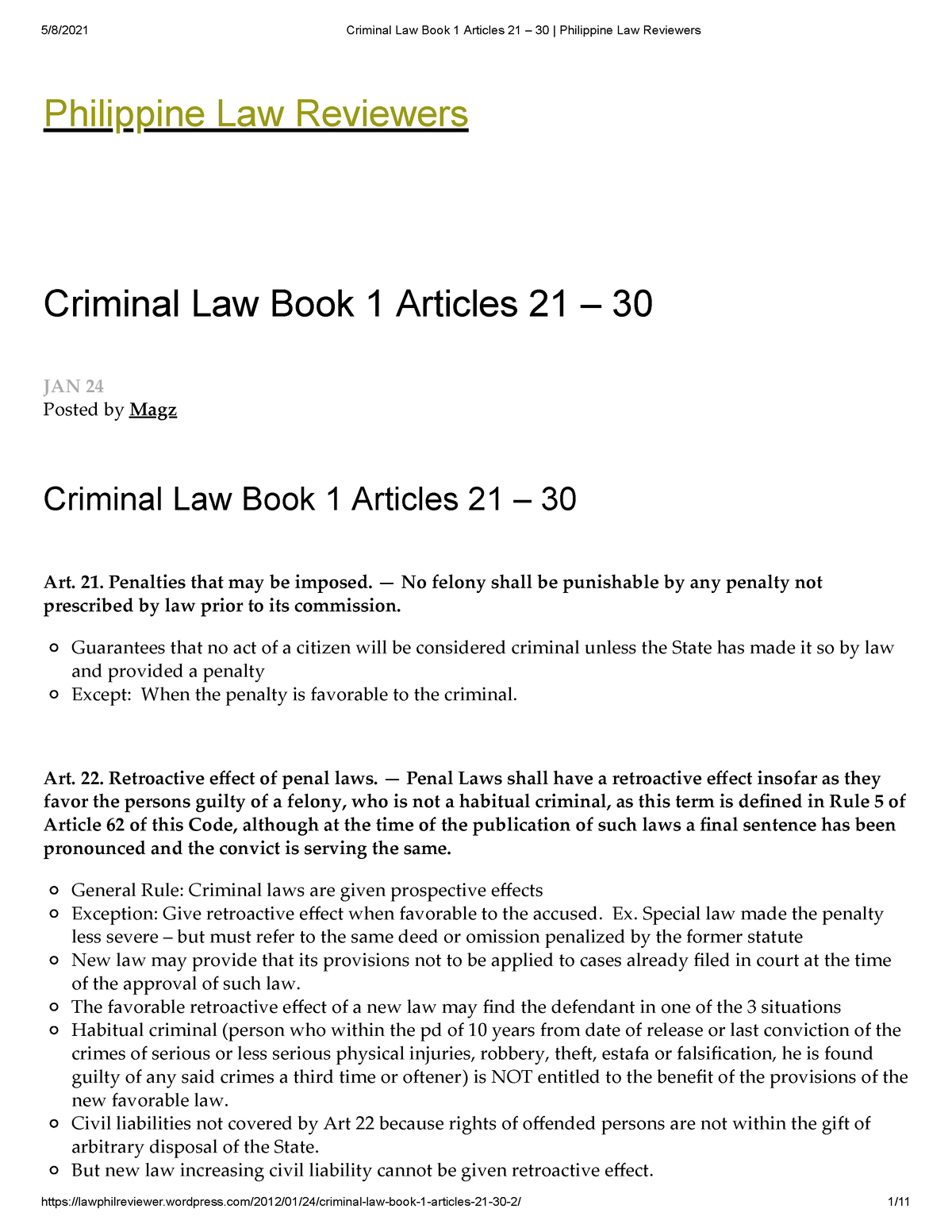 Criminal Law Book 1 Articles 21 GÇô 30 Philippine Law Reviewers ...