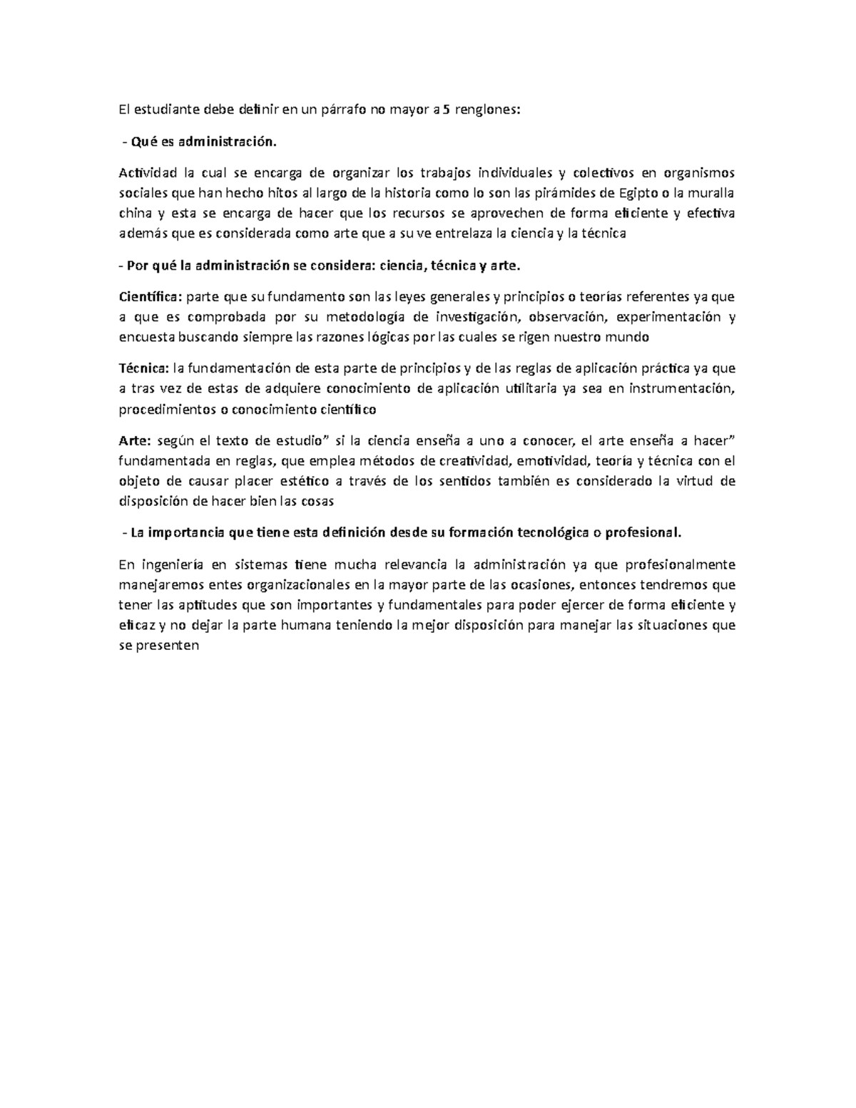 El estudiante debe definir en un párrafo no mayor a 5 renglones ...