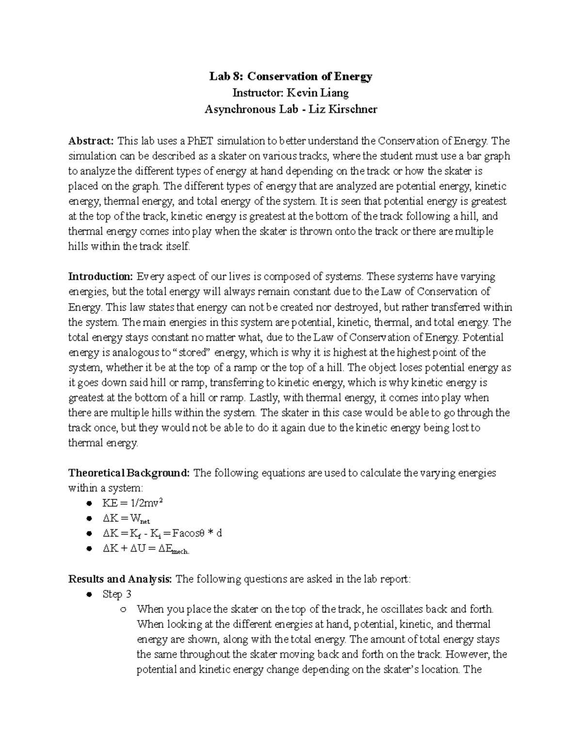 Phy 111 Lab 8 Lab Report Lab 8 Conservation Of Energy Instructor Kevin Liang Asynchronous