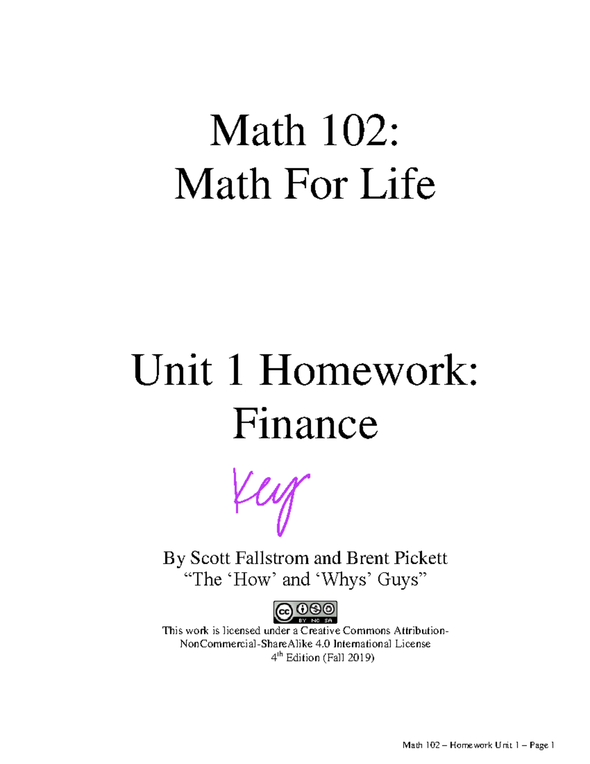 M102 HW Key - 4E - Unit 1 1.0 through 1 - Math 102: Math For Life Unit ...