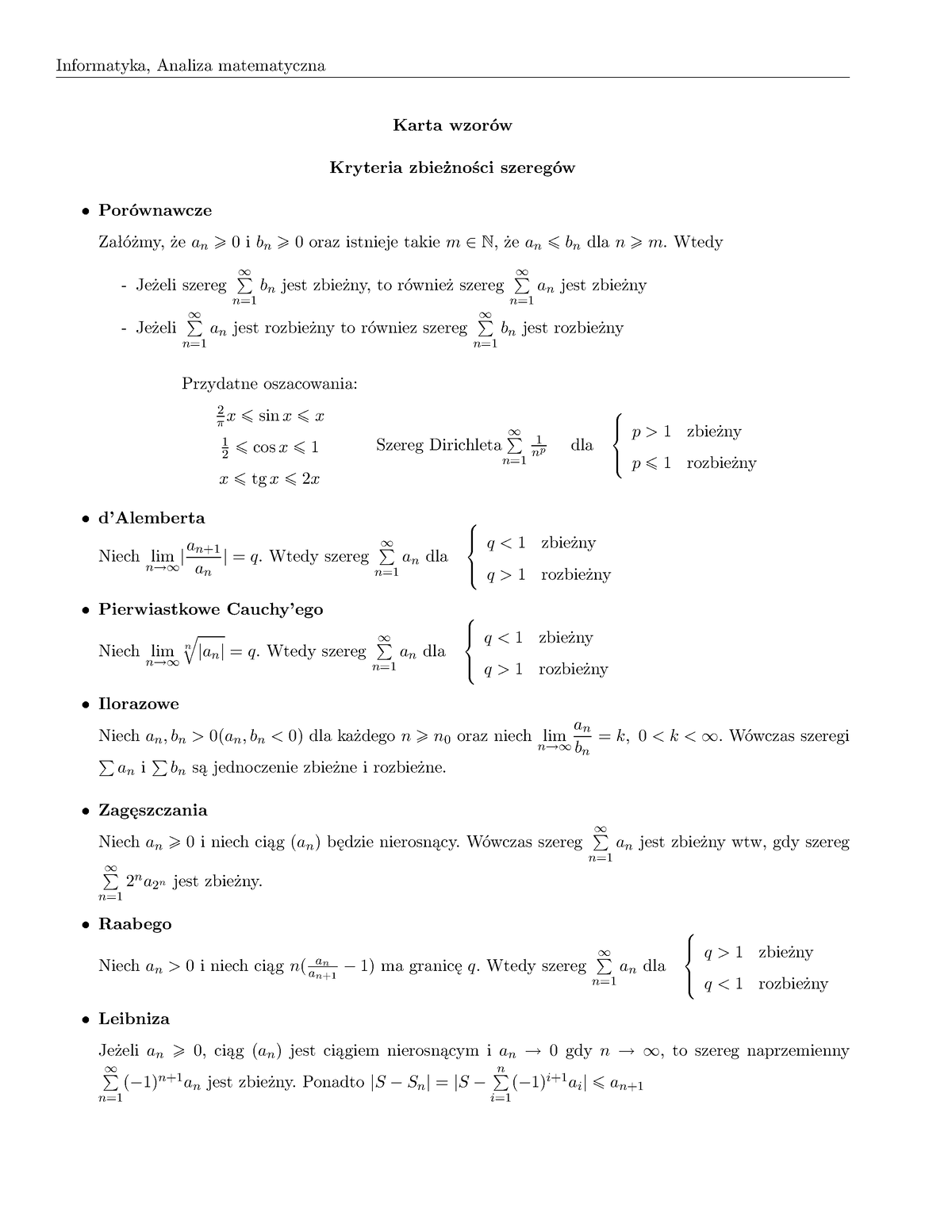 Karta Wzorów K1 Informatyka Analiza Matematyczna Karta Wzorów Kryteria Zbieżności Szeregów 9281