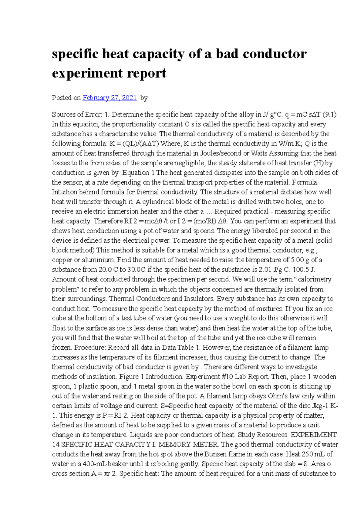 specific heat capacity of a bad conductor experiment report