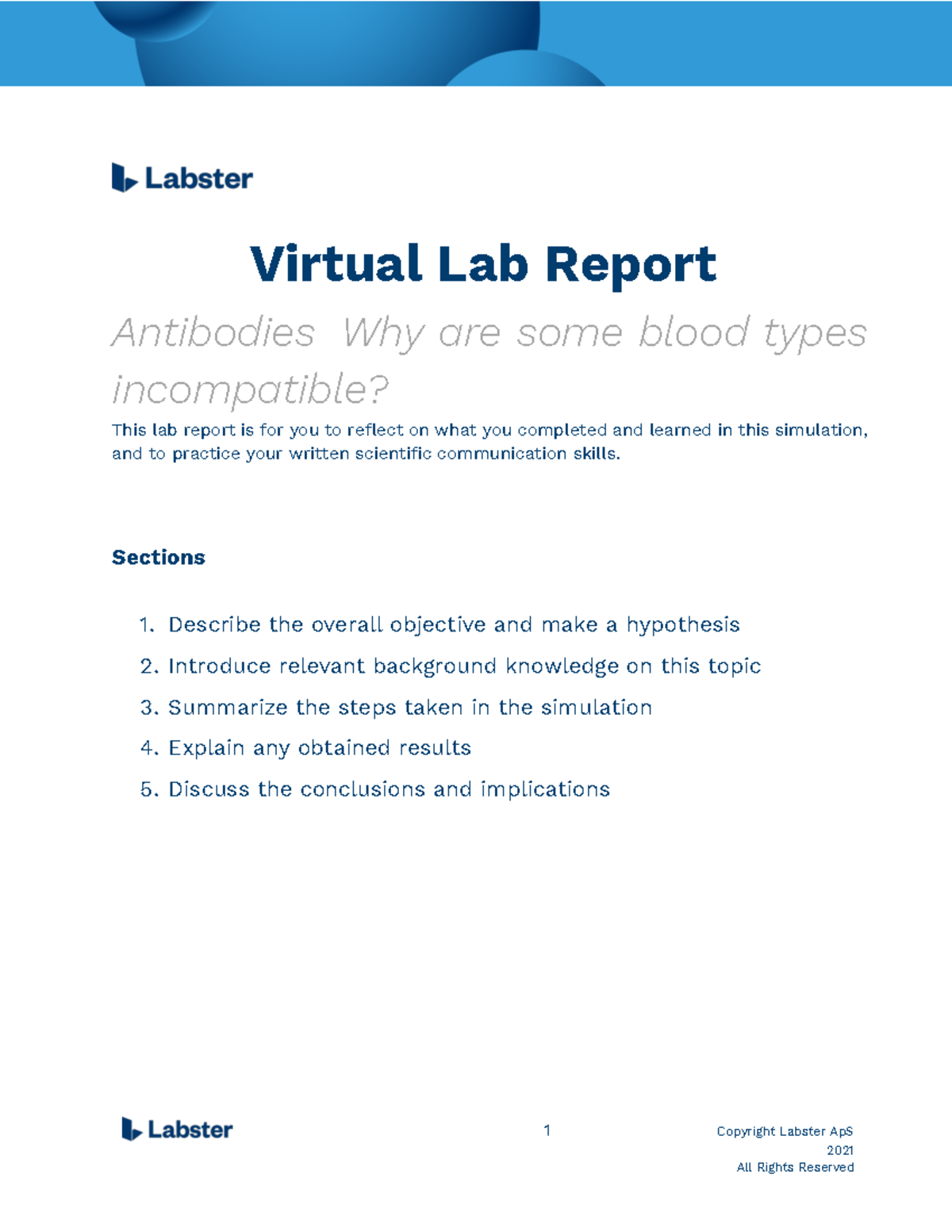 Cortez Lab Report antibodies 1 Copyright Labster ApS 2021 Virtual Lab Report Antibodies Why