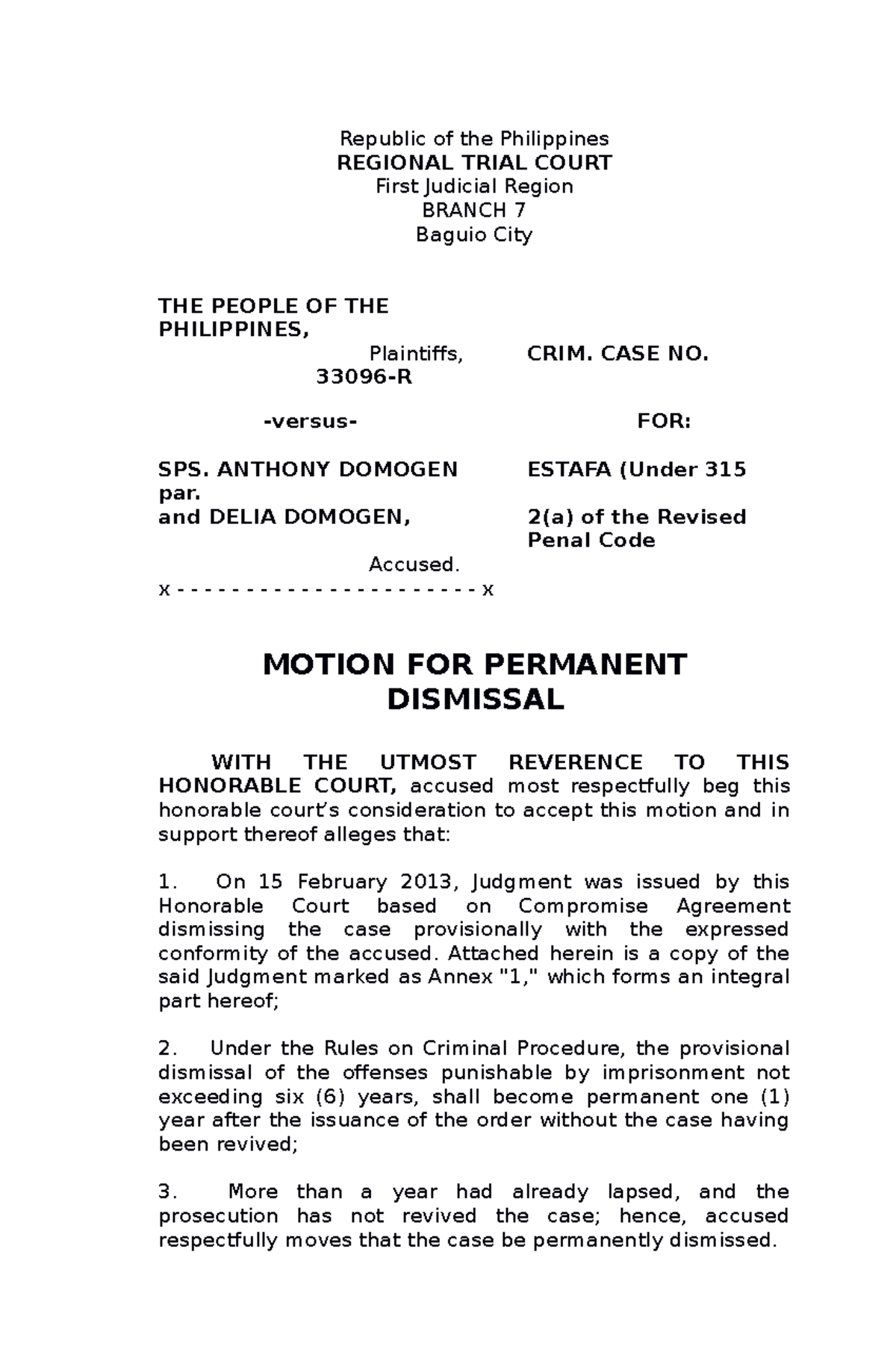 Motion For Permanent Dismissal Republic Of The Philippines Regional Trial Court First Judicial 5841